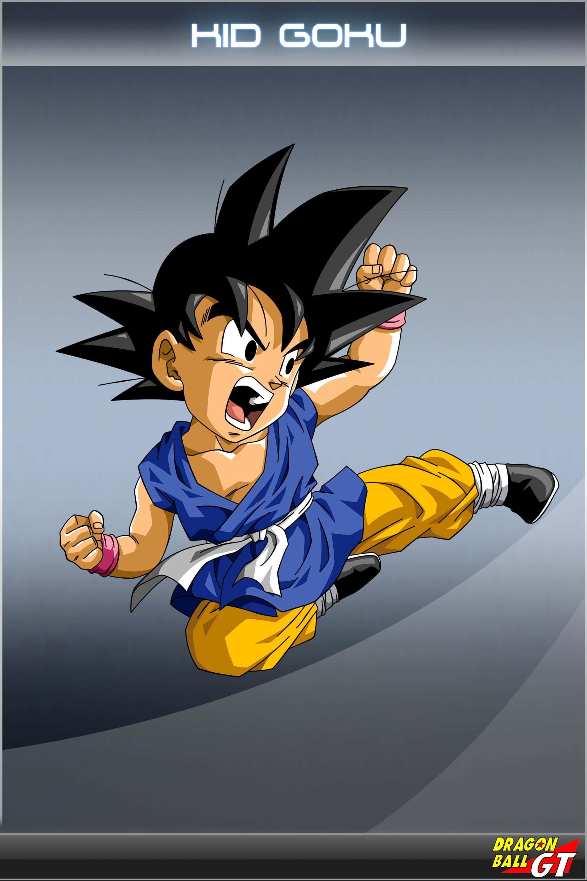 kid goku 桌布 壁紙 — 年輕悟空身穿藍黃道服，握緊拳頭在漸變灰色背景前向前跳躍。