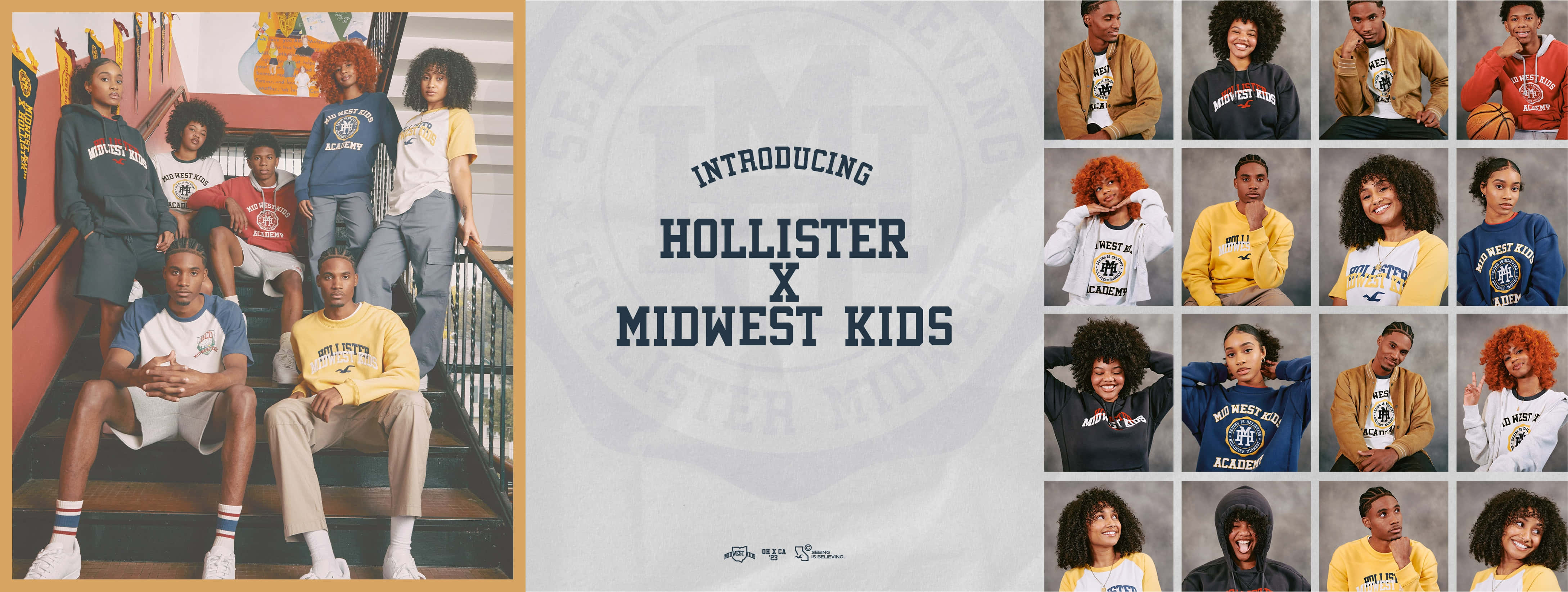 Hollister 桌布 壁紙 — 年輕模特兒穿著Hollister x Midwest Kids服裝，在樓梯和網格照片中隨意擺姿勢，穿著大膽色彩和品牌T恤。