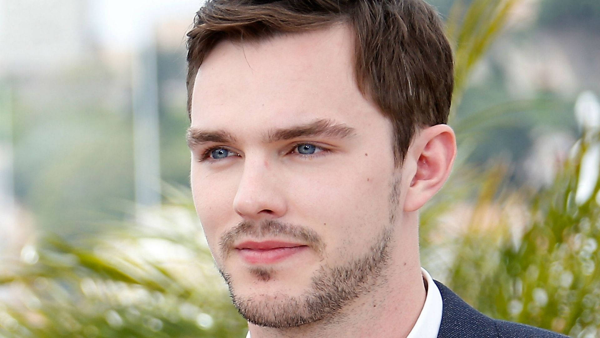 Nicholas Hoult 桌布 壁紙 — 年輕男子特寫肖像，擁有引人注目的藍色眼睛和短棕髮，背景是模糊的綠色樹葉。