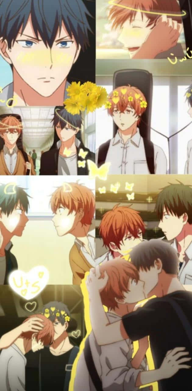 動漫男孩 桌布 壁紙 — 年輕男性之間浪漫時刻的動漫拼貼畫，周圍有黃色蝴蝶和發光的心形。