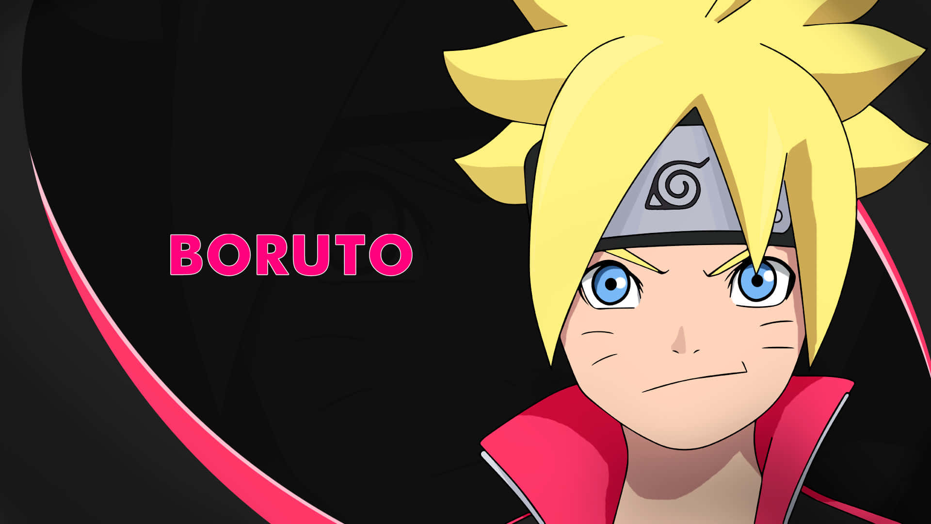 Boruto Naruto Next Generations 桌布 壁紙 — 年輕的動漫角色博人，有著尖刺金髮和藍色眼睛，在帶有粉紅色點綴的黑色背景上強烈凝視。