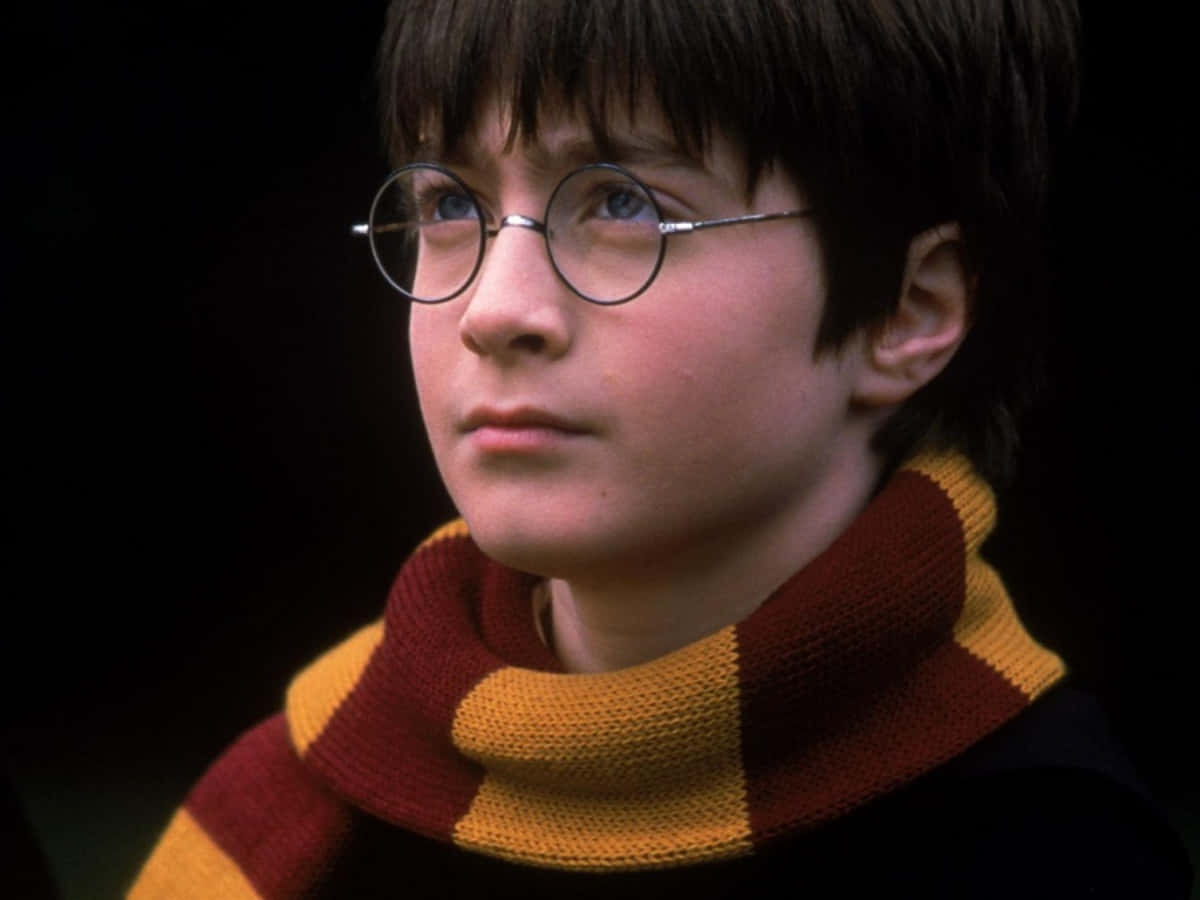 Harry Potter Profile 桌布 壁紙 — 年輕的哈利波特戴著圓形眼鏡和葛萊芬多圍巾，在黑暗背景下若有所思地向上凝視。