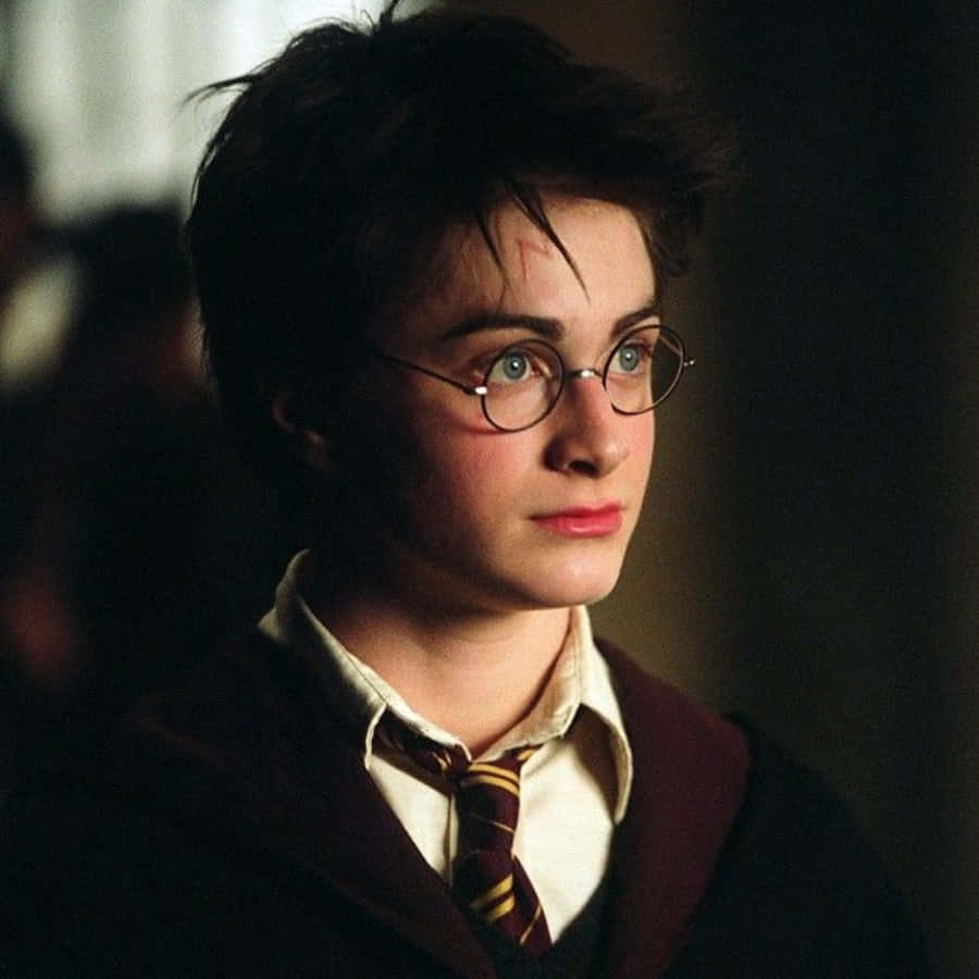 Harry Potter Profile 桌布 壁紙 — 年輕的哈利波特穿著霍格華茲制服，戴著圓眼鏡，額頭上有疤痕，若有所思地凝視著。