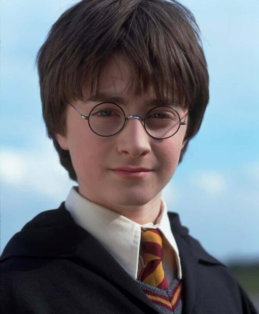 Harry Potter Profile 桌布 壁紙 — 年輕的哈利波特穿著霍格華茲制服，在藍天白雲下溫柔微笑。