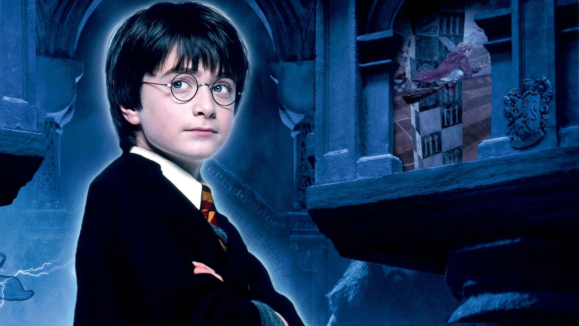 Harry Potter Profile 桌布 壁紙 — 年輕的哈利波特自信地站在昏暗的城堡走廊中，背景有發光的藍光和魔法生物。