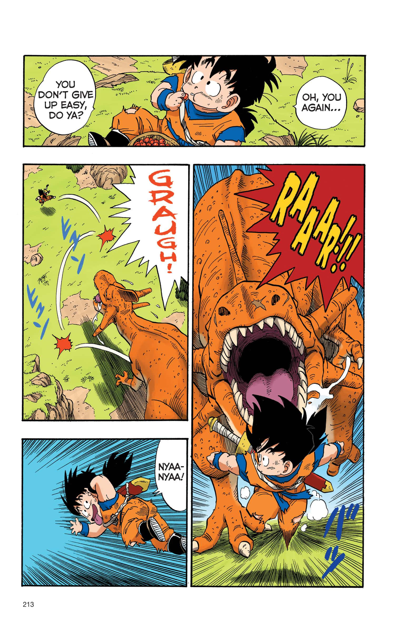 Dragon Ball Super Manga 桌布 壁紙 — 年輕的悟空在一個有動態動作線和對話氣泡的漫畫格中與一隻巨大的橙色恐龍戰鬥。