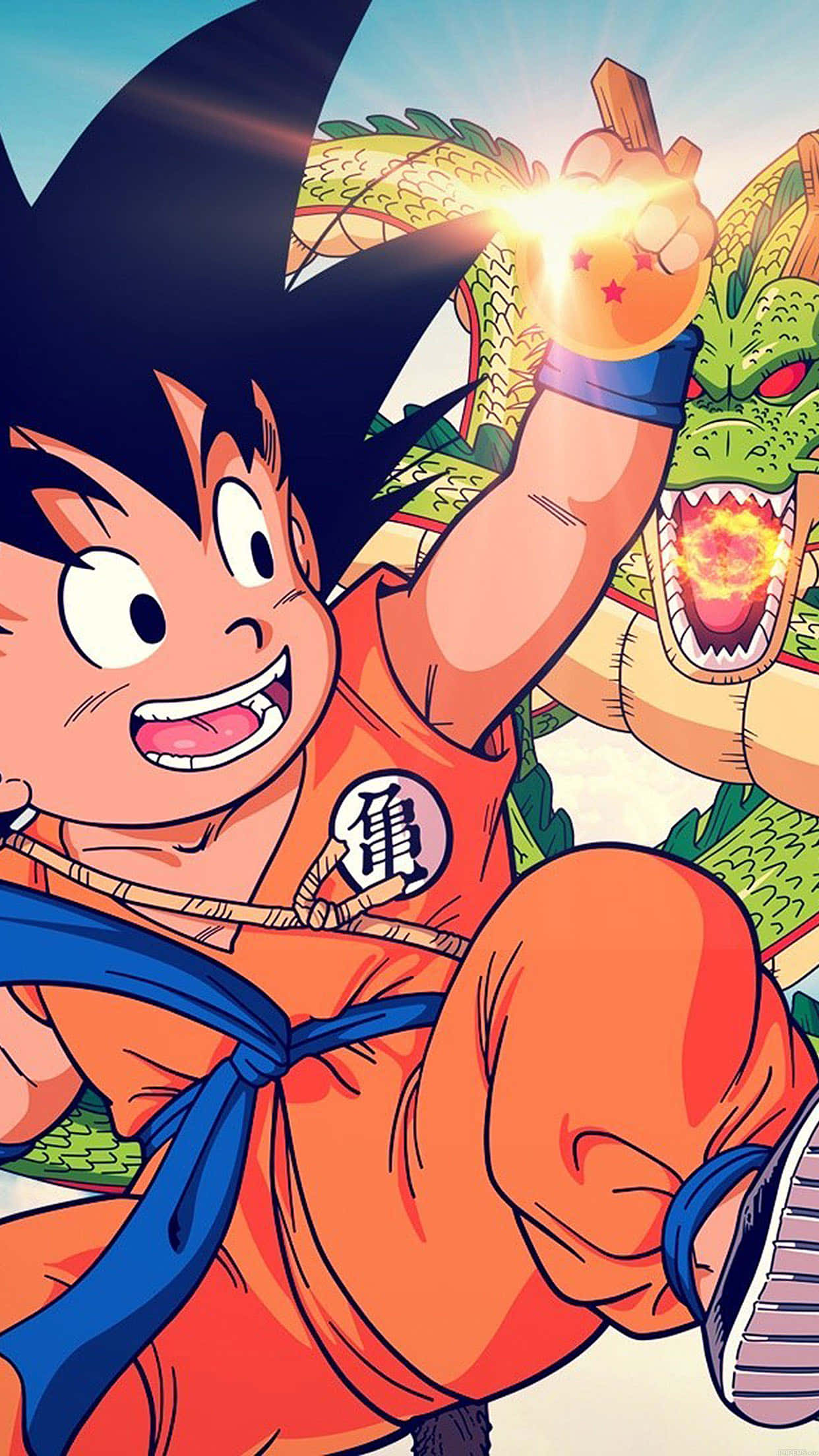 kid goku 桌布 壁紙 — 年輕的悟空穿著橙色道服，勝利地拿著一顆發光的龍珠，身後是神龍在咆哮。