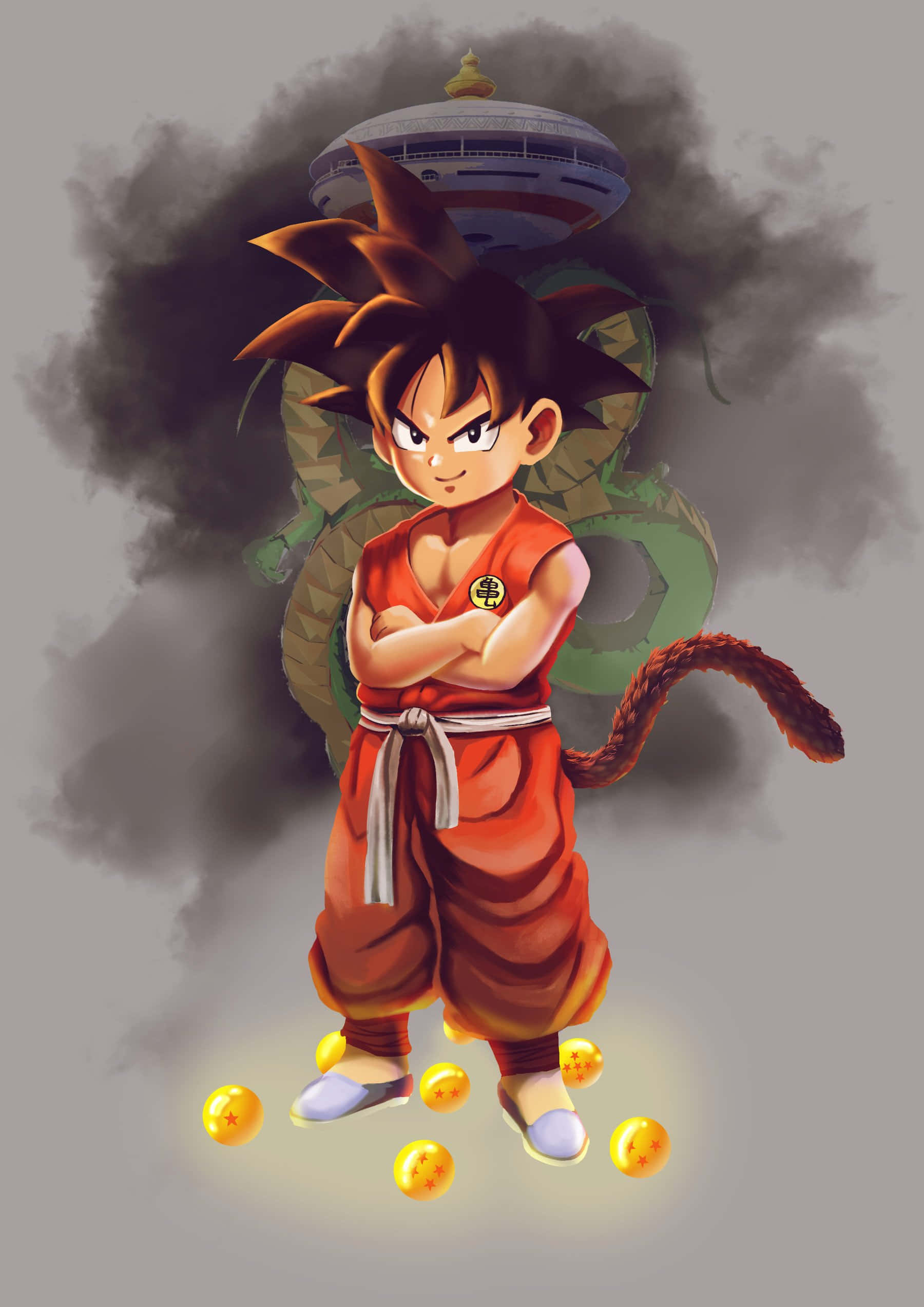 kid goku 桌布 壁紙 — 年輕的悟空自信地交叉雙臂站立，周圍環繞著發光的龍珠和一隻巨大的綠色龍在他身後。