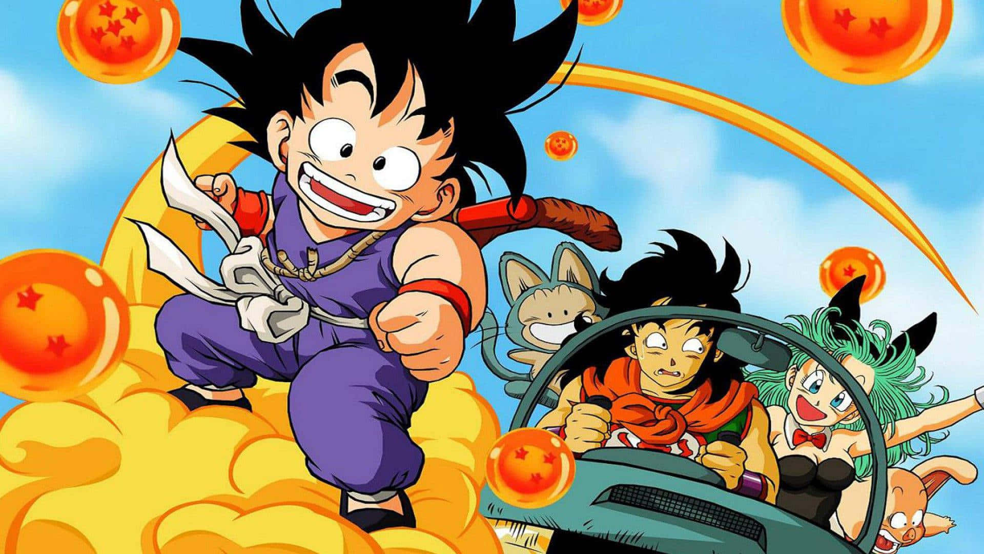 Dragon Ball Z Characters 桌布 壁紙 — 年輕的悟空與朋友們在晴朗藍天下，乘坐飛車在浮動的龍珠之間快樂地駕雲而行。