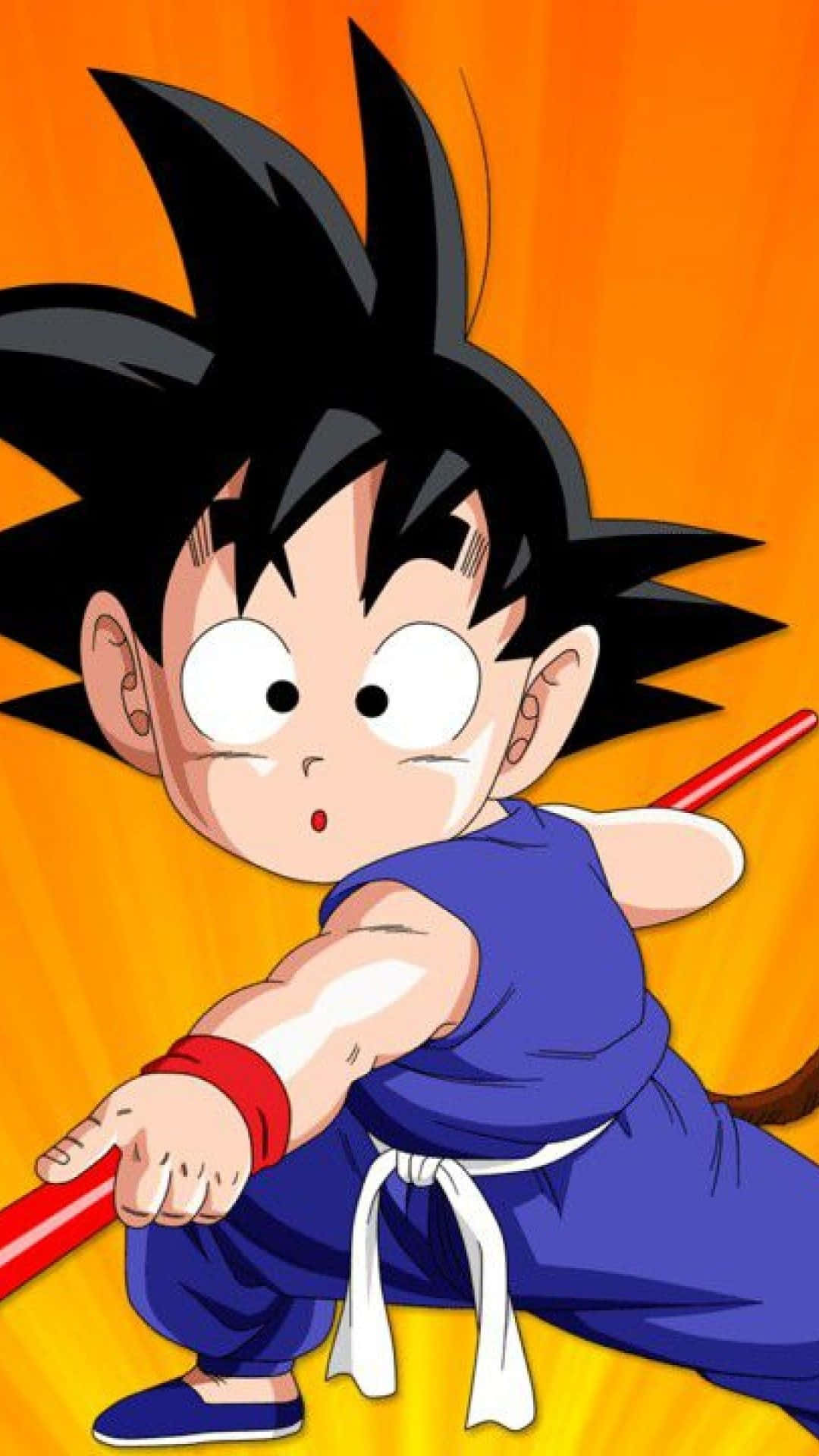 Funny Goku 桌布 壁紙 — 年輕的悟空身穿藍色道服和紅色腕帶，在耀眼的橙色背景前擺出武術姿勢。
