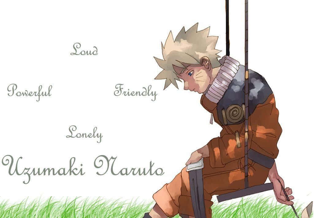 Naruto Alone 桌布 壁紙 — 年輕的漩渦鳴人獨自坐在草地上的鞦韆上，周圍環繞著描述他個性的詞語。