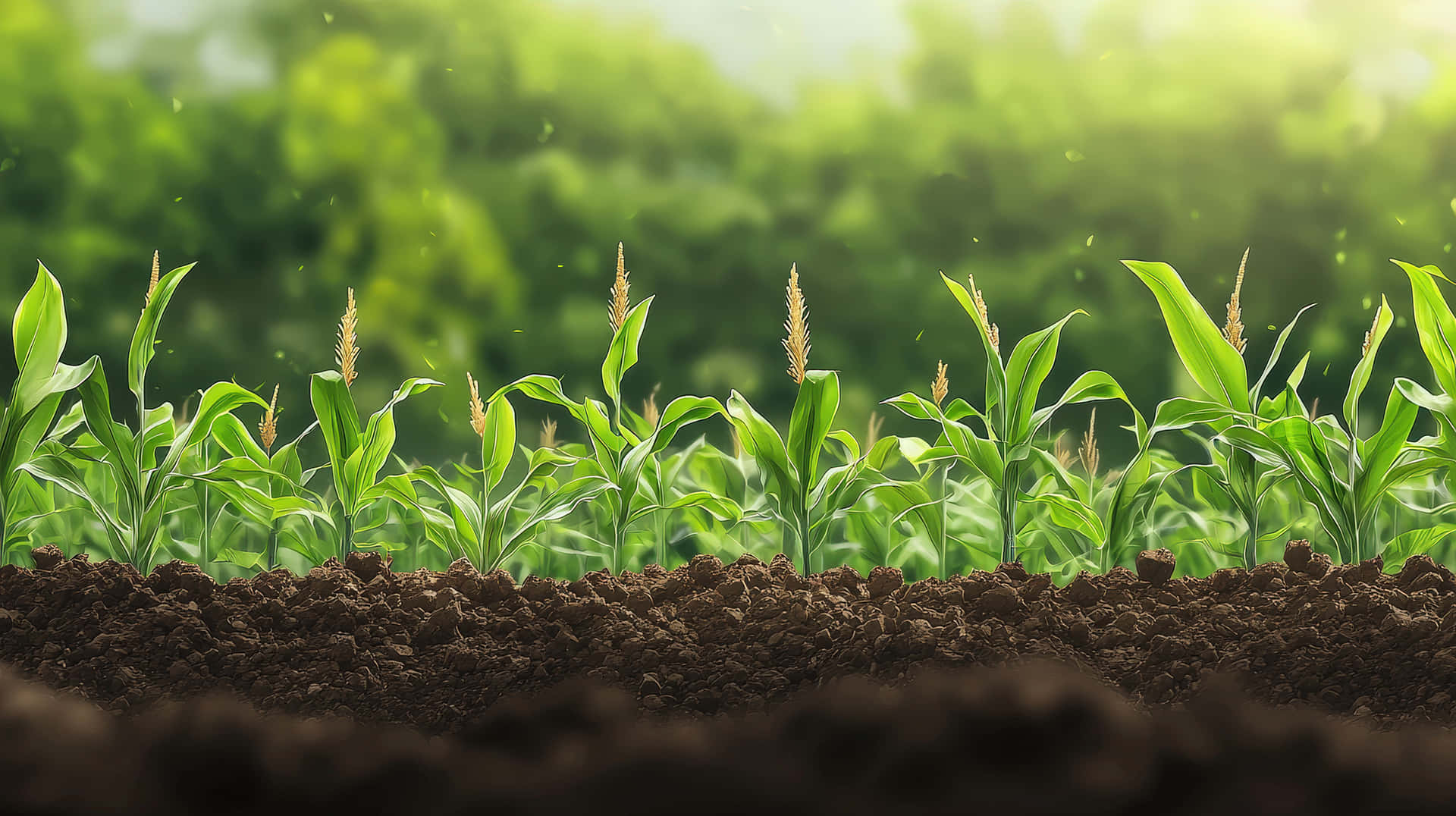 A fresh green cornfield with young crops growing under bright sunlight, representing agriculture 壁紙 — 年輕的玉米植株帶有穗，從肥沃的棕色土壤中升起，在柔和的金色陽光下，背景有模糊的綠色樹葉。