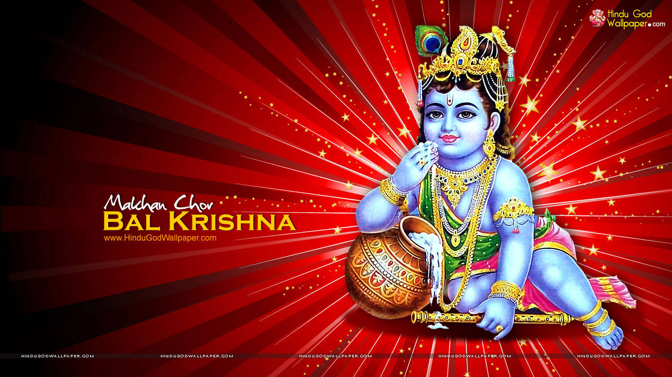krishna god 桌布 壁紙 — 年輕的藍皮膚克里希納戴著金色皇冠和珠寶，坐在燦爛的紅色星爆背景前，手持一個鍋和笛子。