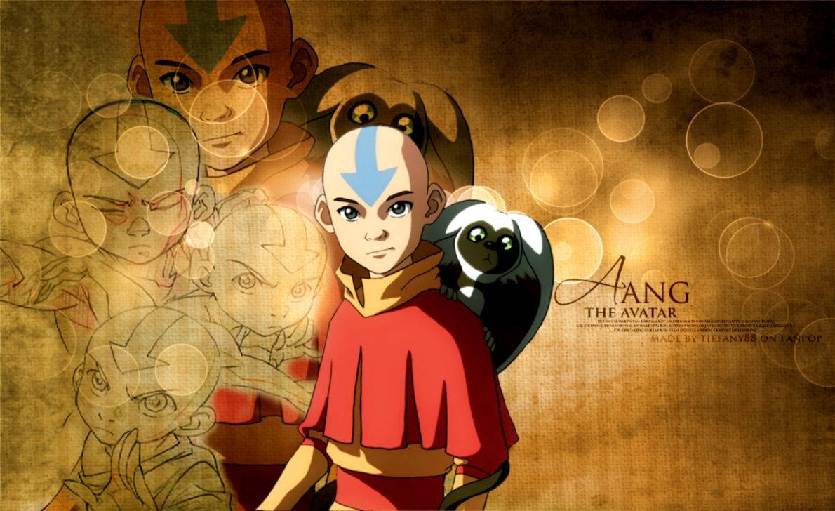 Airbender 桌布 壁紙 — 年輕的降世神通安昂身穿紅色長袍，與他的滑翔機和猴子夥伴站在溫暖的金色背景前，背景上有他過去自我的褪色素描。