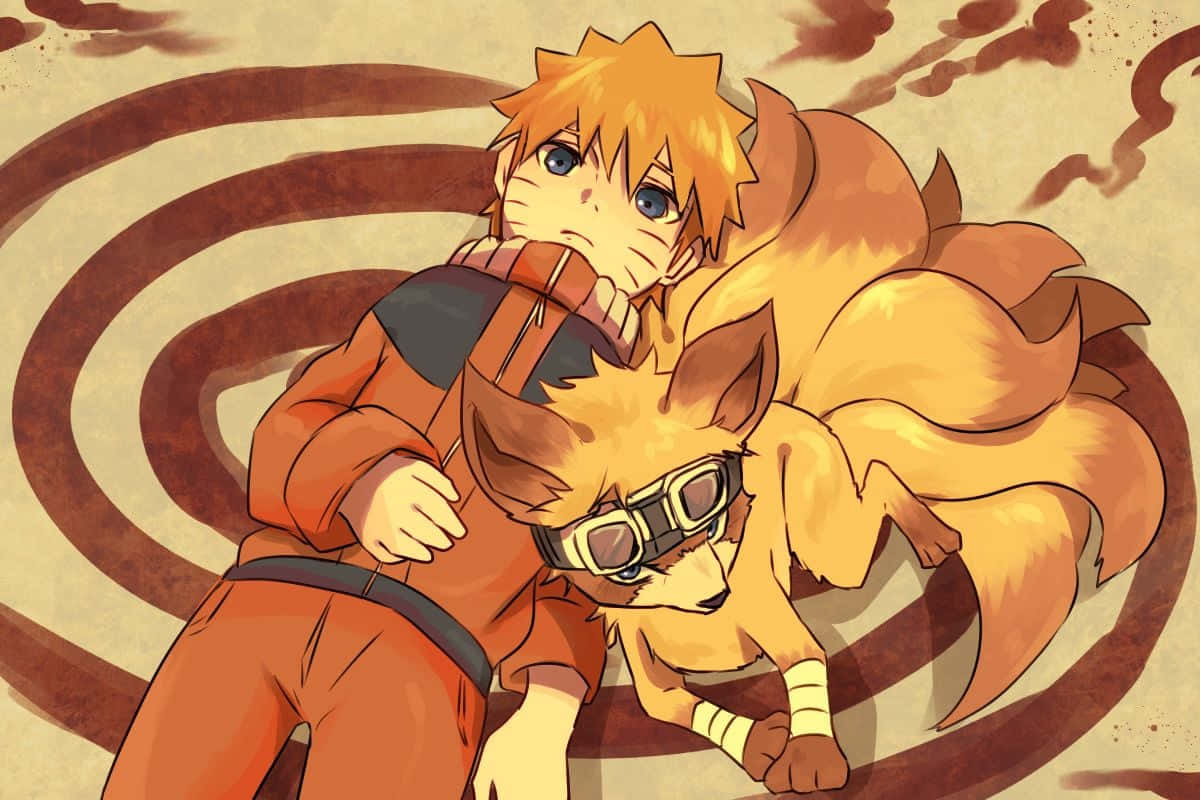 Cute Kurama 桌布 壁紙 — 年輕的鳴人在橙色和棕色的溫暖漩渦中擁抱他的九尾狐同伴。
