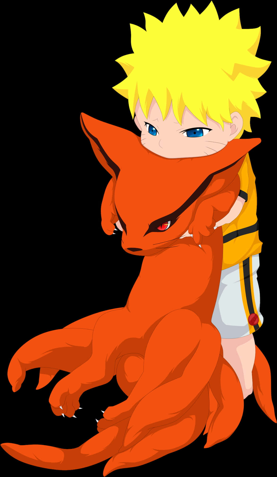 Baby Kurama 桌布 壁紙 — 年輕的鳴人在純黑背景中擁抱他的橙色九尾狐同伴。