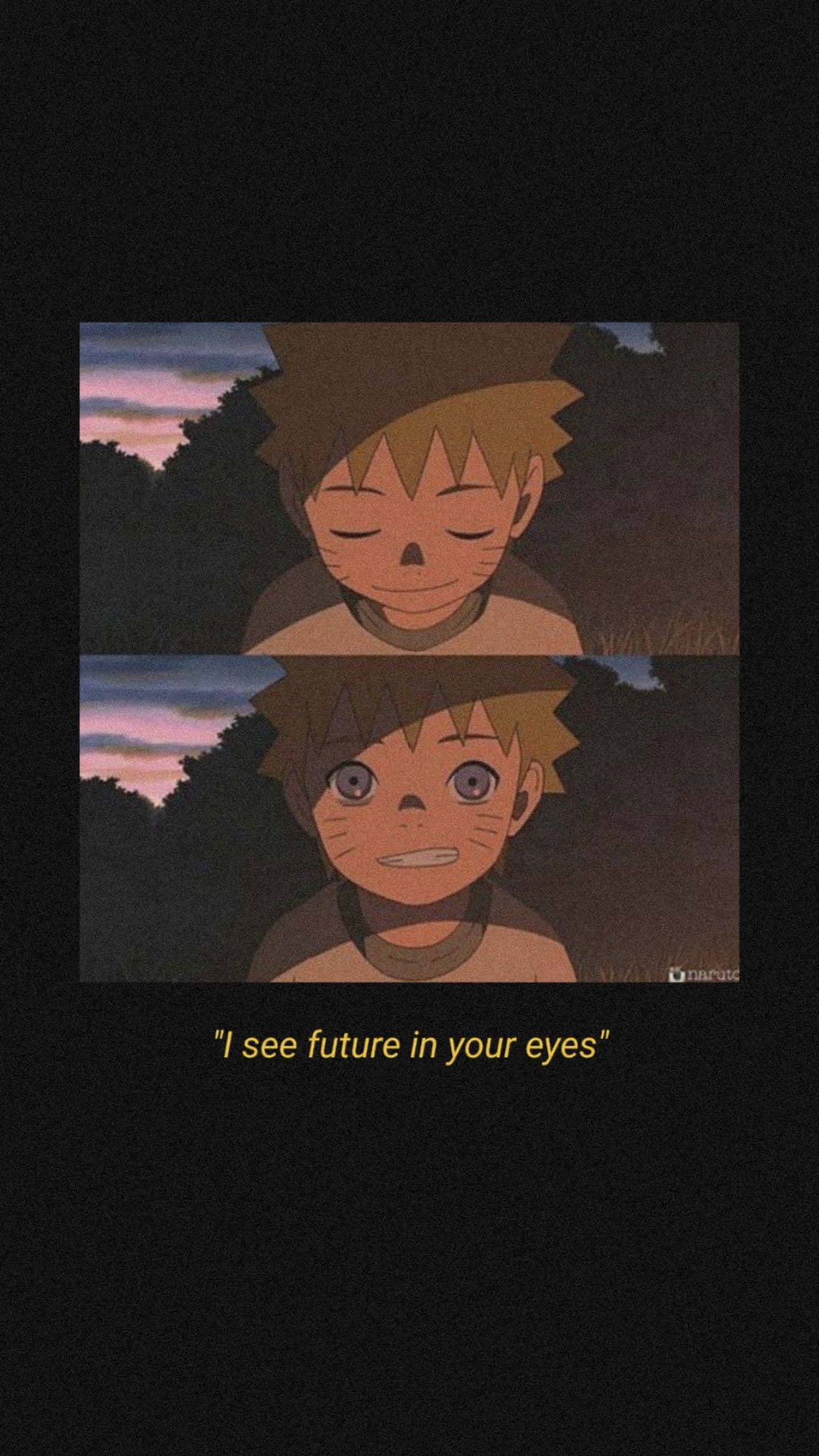 Sad Aesthetic Naruto 桌布 壁紙 — 年輕的鳴人平靜地微笑，然後在粉紅色和紫色雲彩的暮色天空中顯出驚訝的表情。