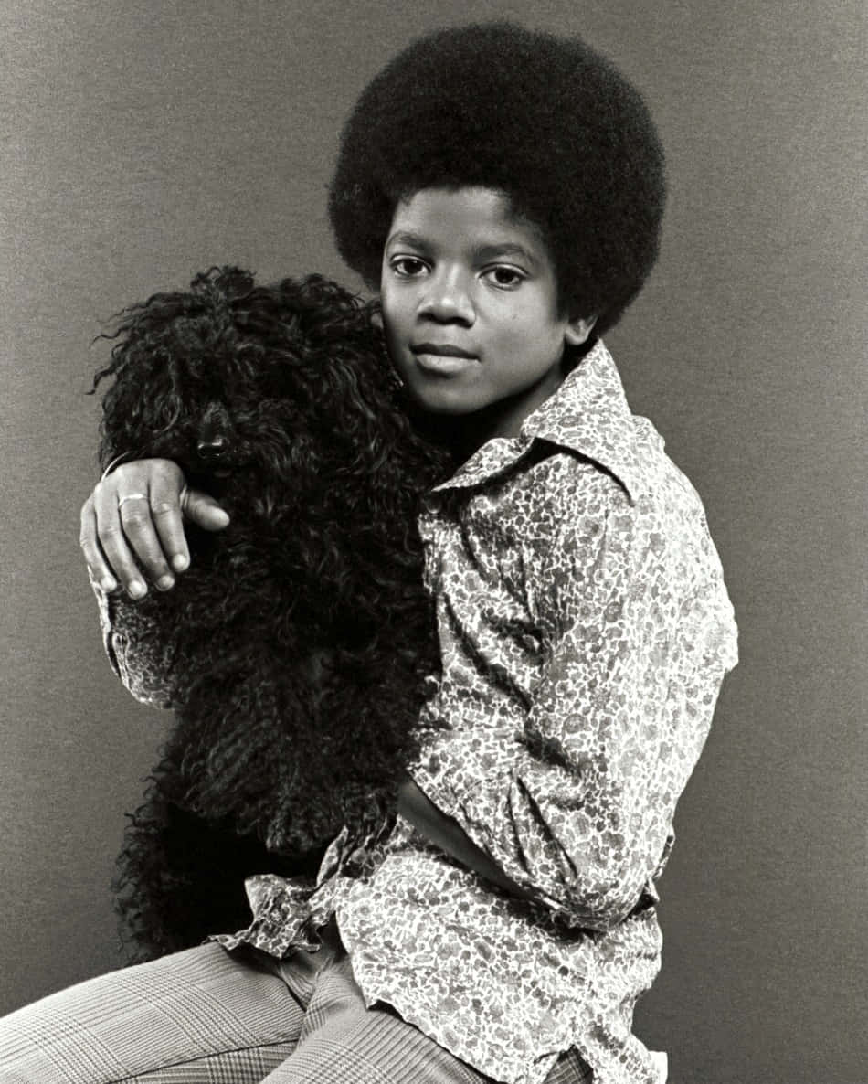 Young Michael Jackson 桌布 壁紙 — 年輕的麥可傑克森與一隻黑色捲毛貴賓狗在純灰色背景的攝影棚肖像中。