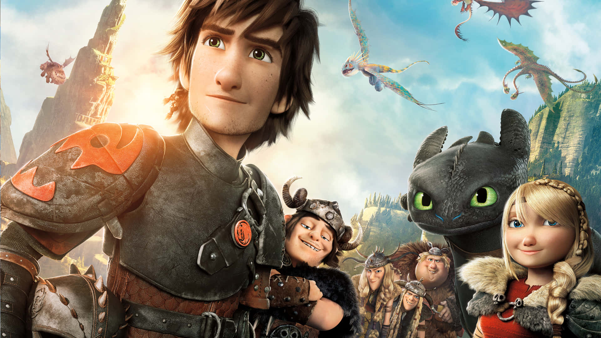 Animation Movies 桌布 壁紙 — 年輕維京英雄和他的龍朋友們在陽光普照的岩石懸崖上空翱翔，色彩繽紛的龍在頭頂飛翔。