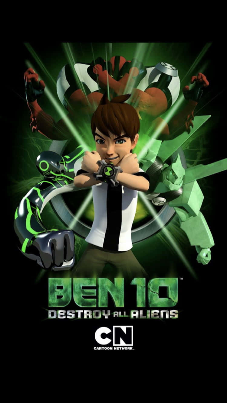 Ben 10 桌布 壁紙 — 年輕英雄 Ben Tennyson 在黑暗背景下被發光的綠色外星人形態包圍，啟動他的 Omnitrix。