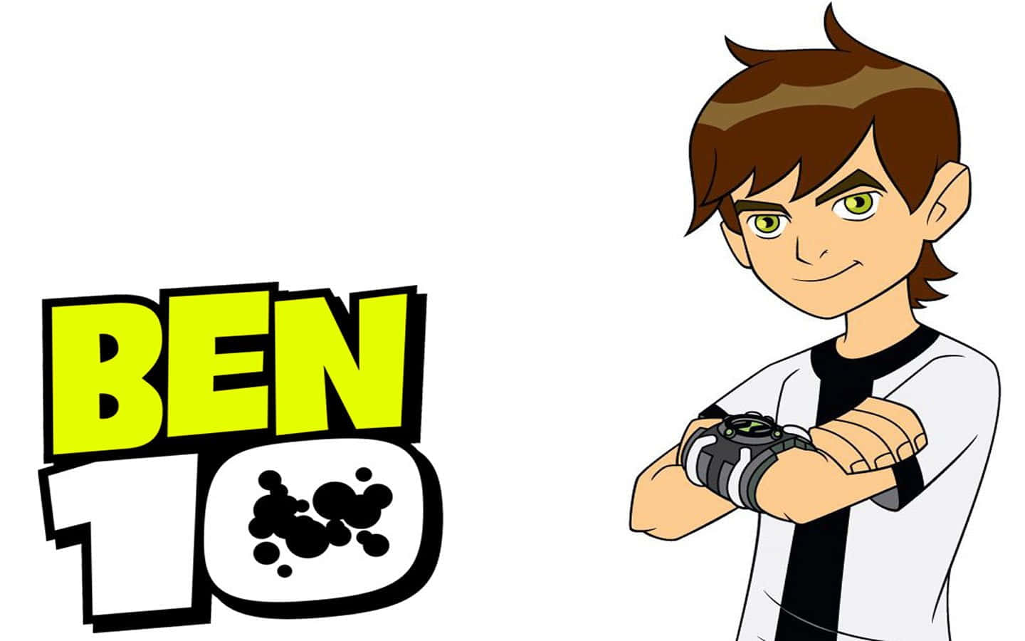 Ben 10 桌布 壁紙 — 年輕英雄班·天尼遜自信地站著，手腕上的Omnitrix裝置發光，旁邊是醒目的Ben 10標誌。
