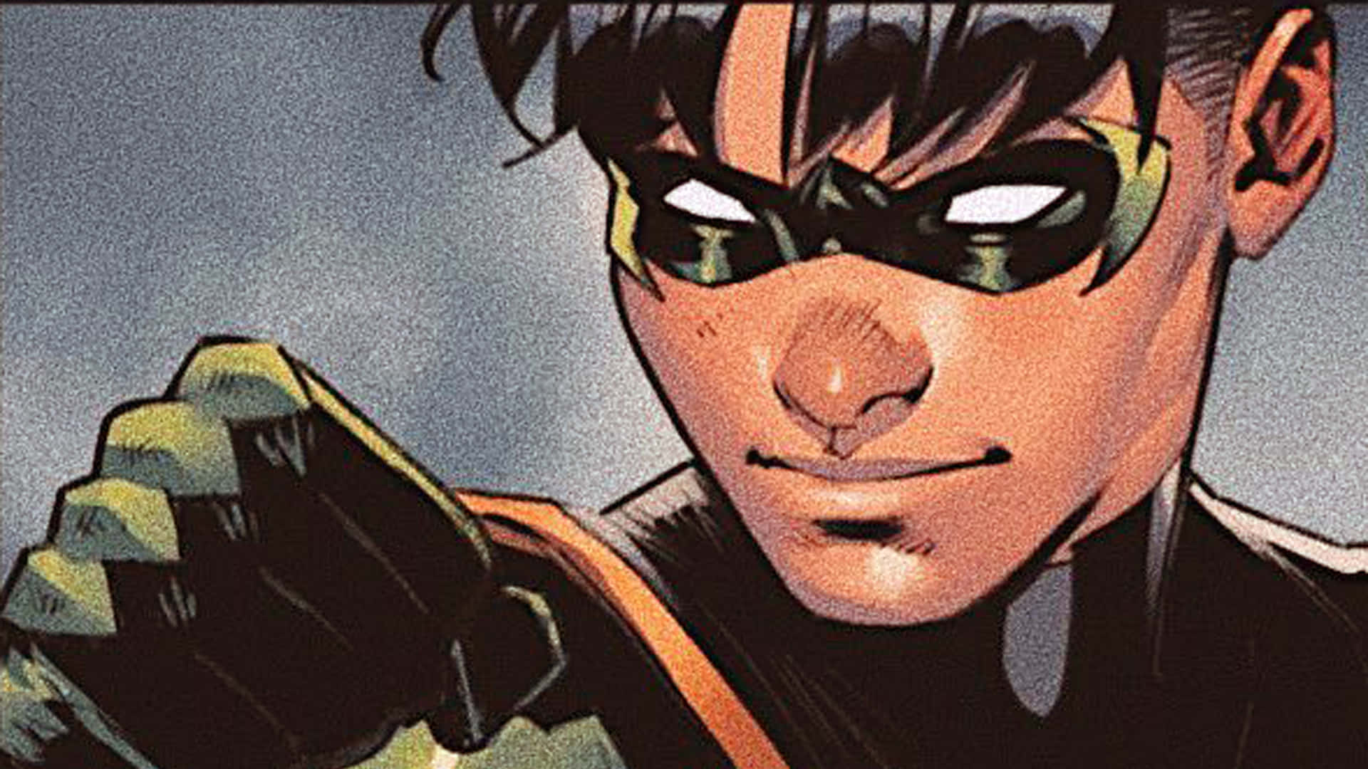 Tim Drake 桌布 壁紙 — 年輕超級英雄的近距離特寫，戴著黑色面具和橙色多功能腰帶，表情堅定。