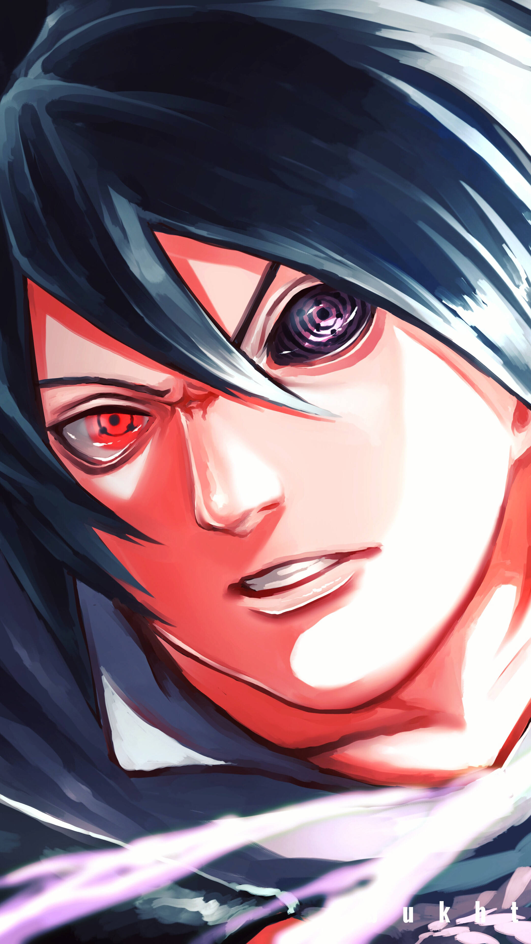 chidori 桌布 壁紙 — 年輕黑髮男子近距離動畫肖像，紅紫雙眸閃爍著力量。