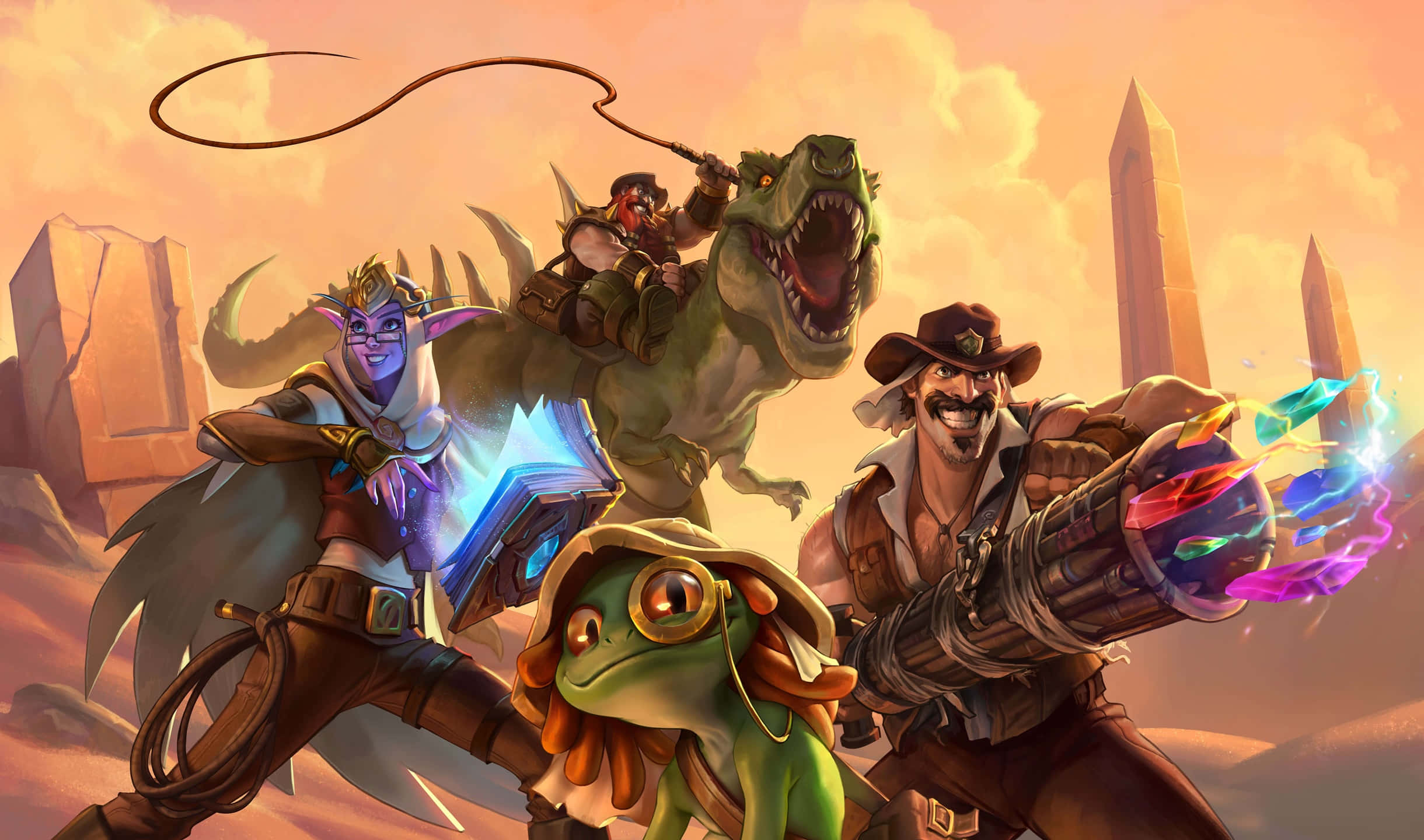 2440x1440 Hearthstone 桌布 壁紙 — 幻想冒險者騎著恐龍坐騎並帶著青蛙同伴在日落時分的沙漠峽谷中戰鬥。