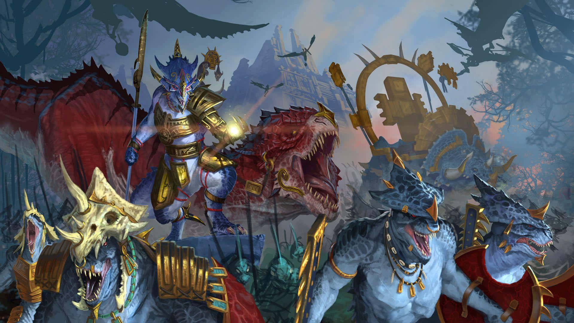 Best Total War Warhammer 桌布 壁紙 — 幻想戰士騎著裝甲龍衝過迷霧戰場，頭頂有崩塌的塔樓和飛行的野獸。