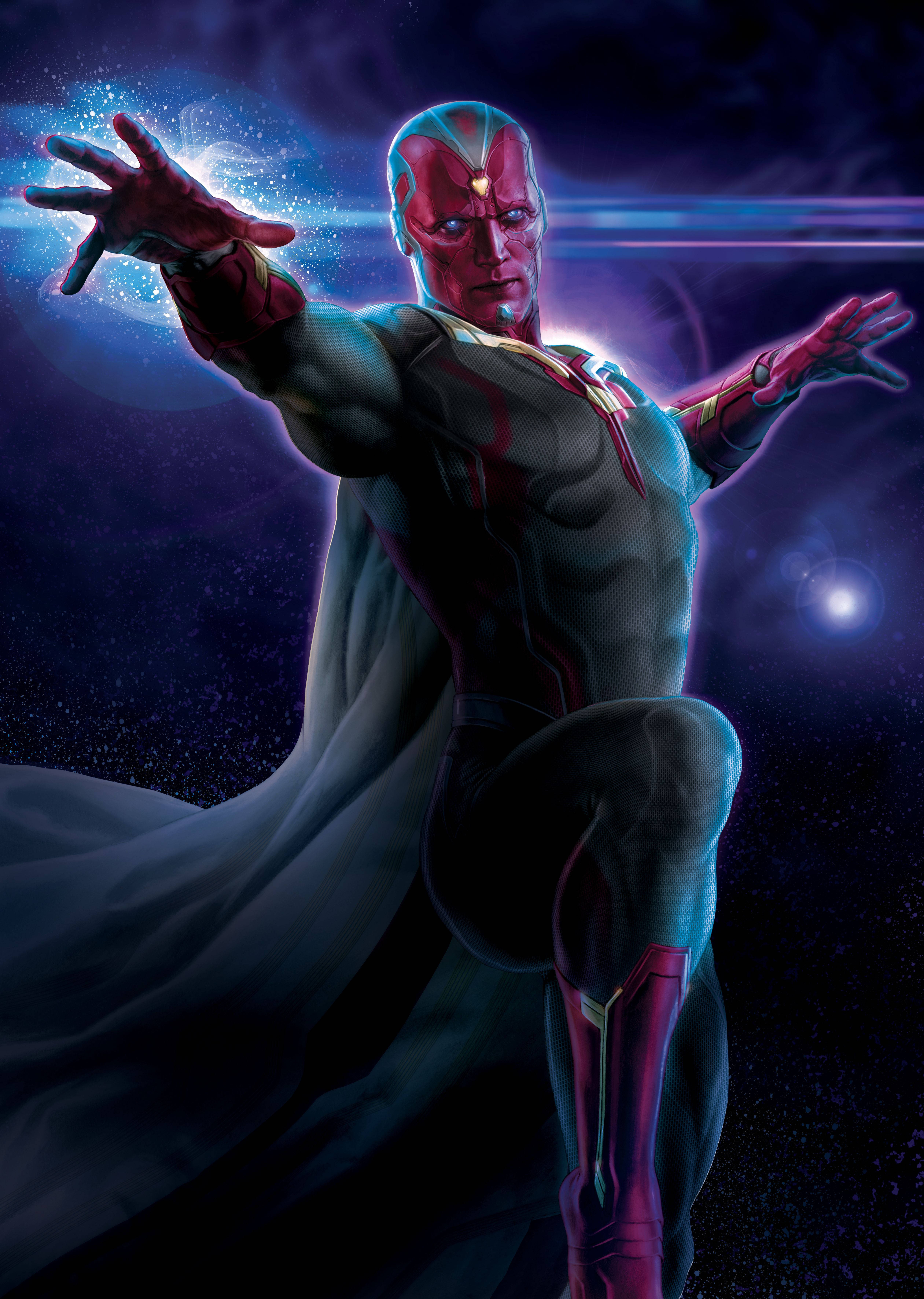 4K marvel iPhone 桌布 壁紙 — 幻視在太空中英勇地站立，雙手發光，披風飄揚，背景是宇宙星場。