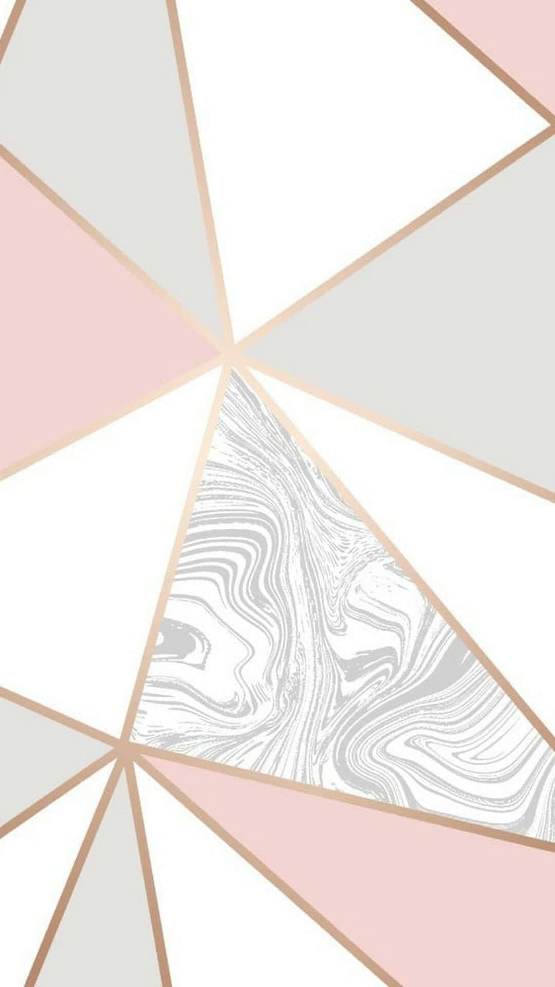 Geometric iPhone 桌布 壁紙 — 幾何圖案壁紙，以粉紅色、灰色和白色三角形為主，並以金色線條和中央灰色大理石紋點綴。
