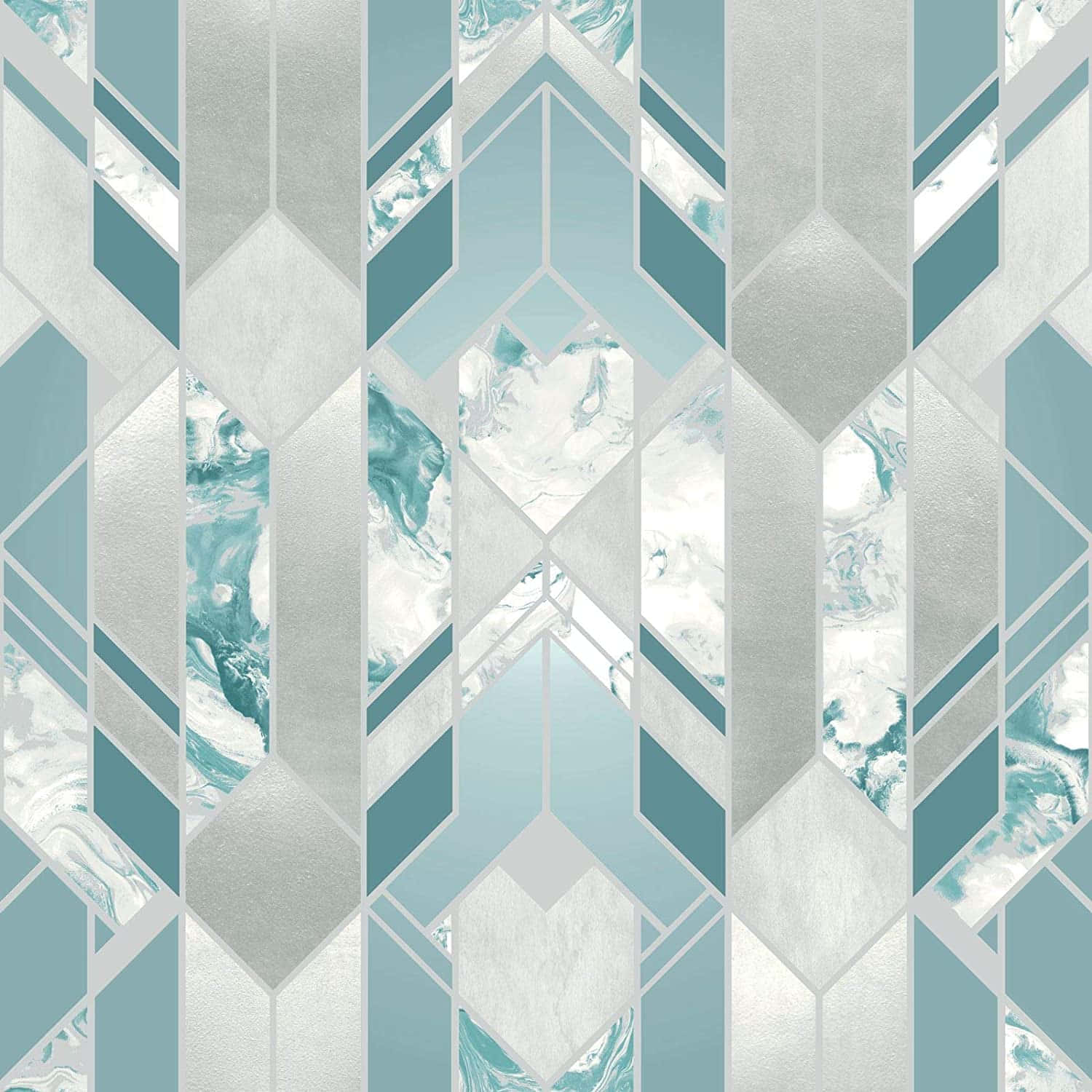 Teal Marble 桌布 壁紙 — 幾何圖案壁紙，採用青綠色和銀色面板，帶有重複菱形和垂直條紋圖案的大理石紋理。