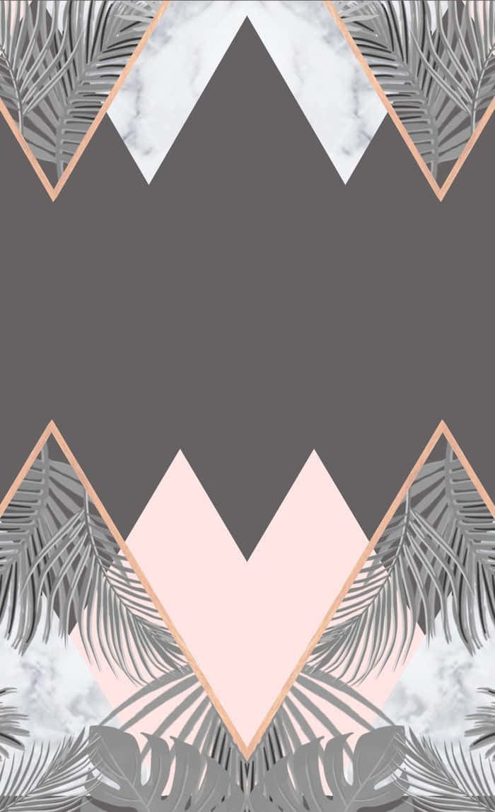 Grey And Pink 桌布 壁紙 — 幾何圖案壁紙，深灰色背景上以玫瑰金三角形框住的灰色大理石和棕櫚葉圖案。
