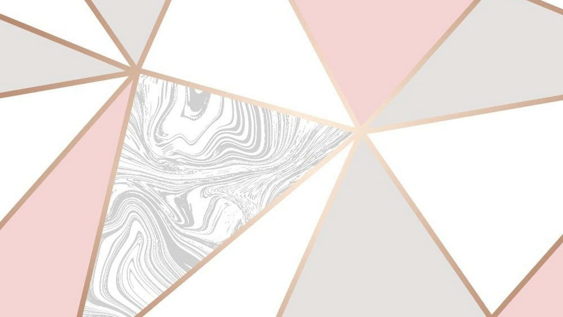 Rose Gold Desktop 桌布 壁紙 — 幾何圖案壁紙，玫瑰金線條劃分粉紅、白色和灰色三角形，中央有灰色大理石漩渦。
