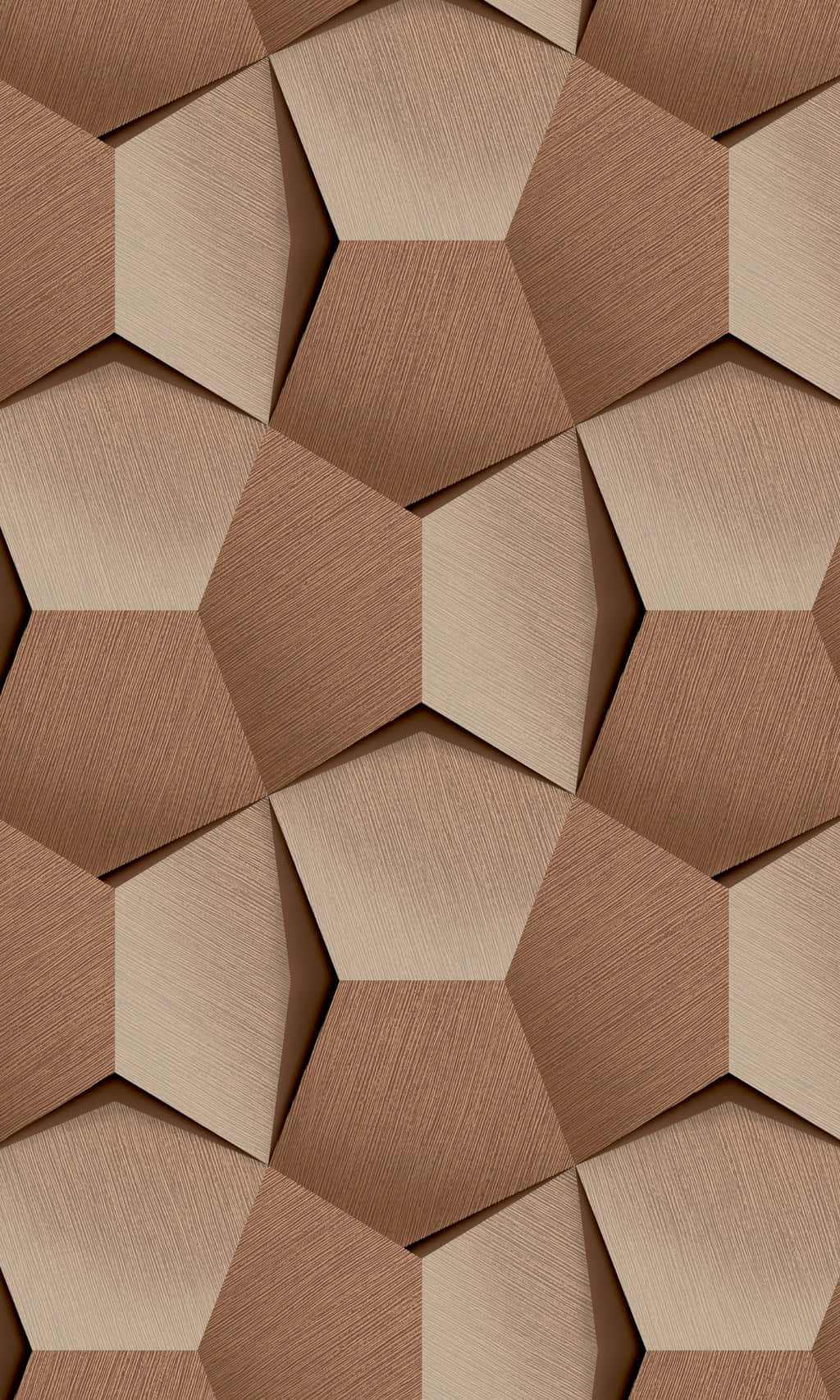 Brown Geometric 桌布 壁紙 — 幾何圖案壁紙，由相互交錯的六邊形組成，帶有溫暖大地色調的木紋質感。