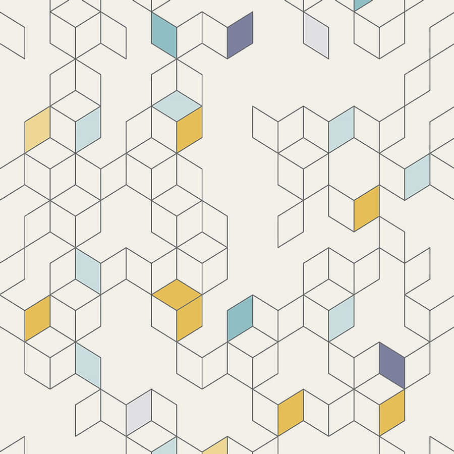 Minimalist HD Geometric Desktop 桌布 壁紙 — 幾何圖案壁紙，米色背景上帶有重複的柔和藍色、黃色和灰色3D立方體圖案。