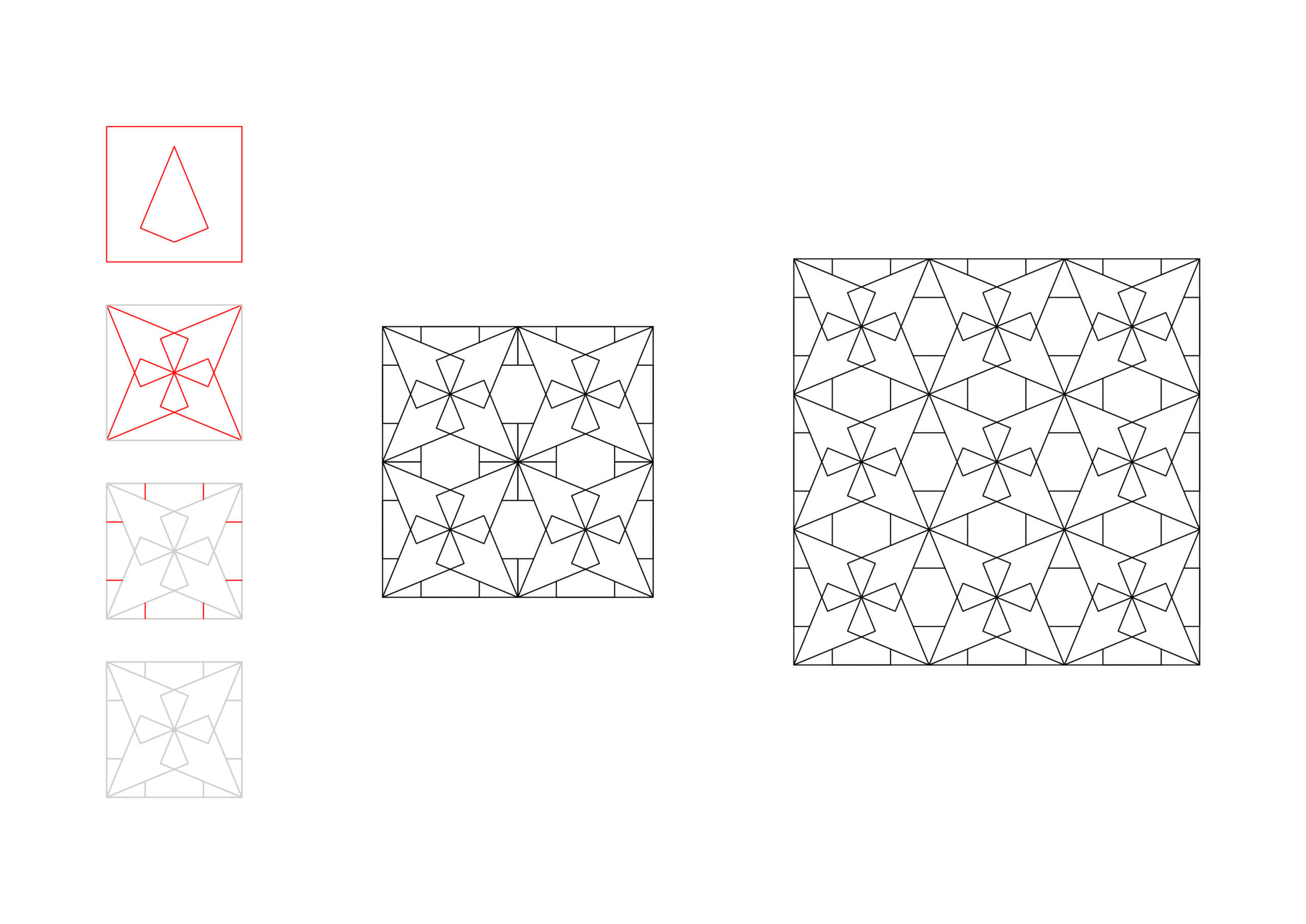 Geometric Pattern 桌布 壁紙 — 幾何圖案從簡單三角形演變為複雜鑲嵌設計，以黑色和紅色線條呈現。