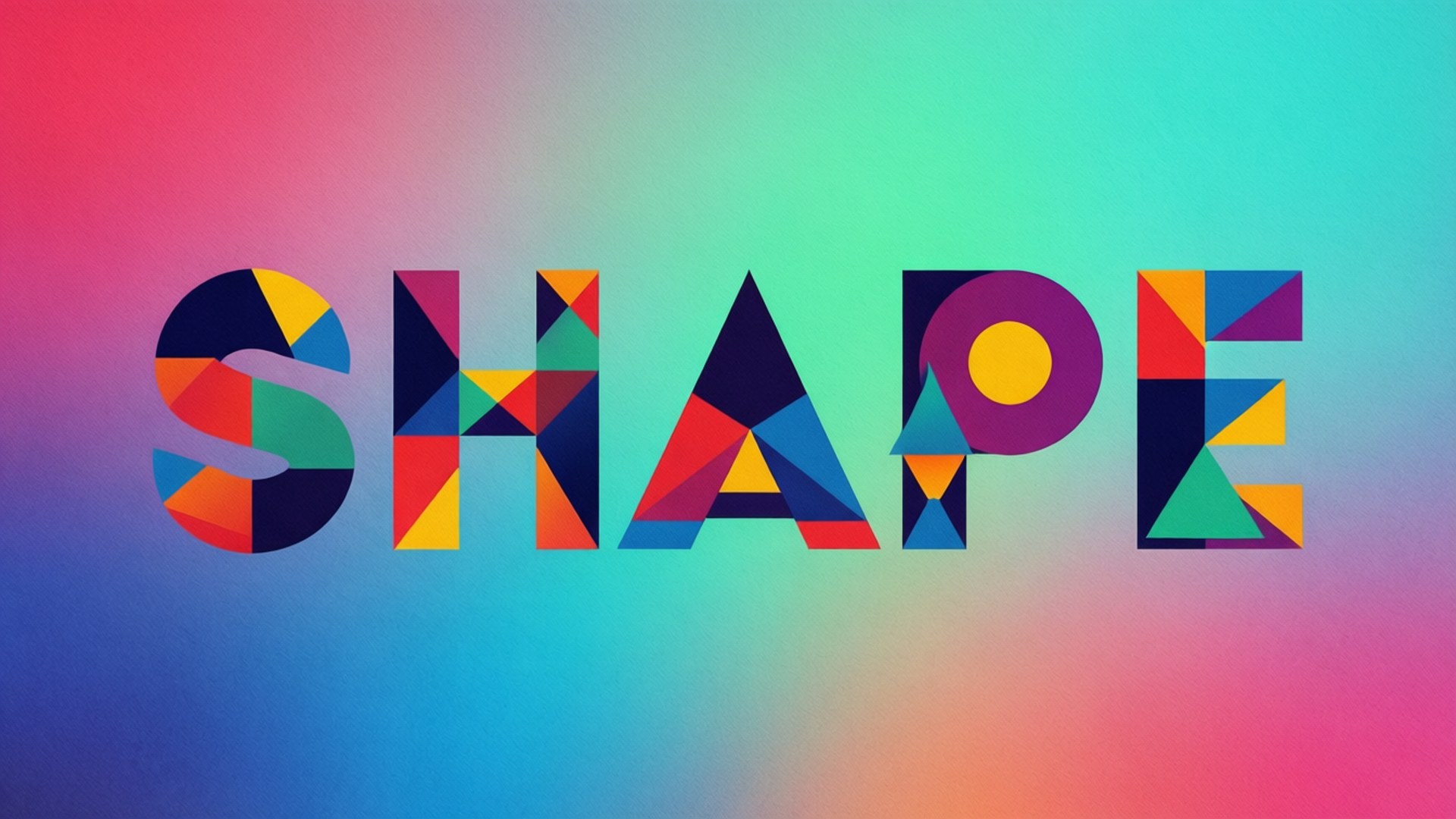 幾何字型形狀 壁紙 — 「SHAPE」一詞由色彩繽紛的幾何三角形組成，背景為粉紅、藍色和藍綠色的漸變色。