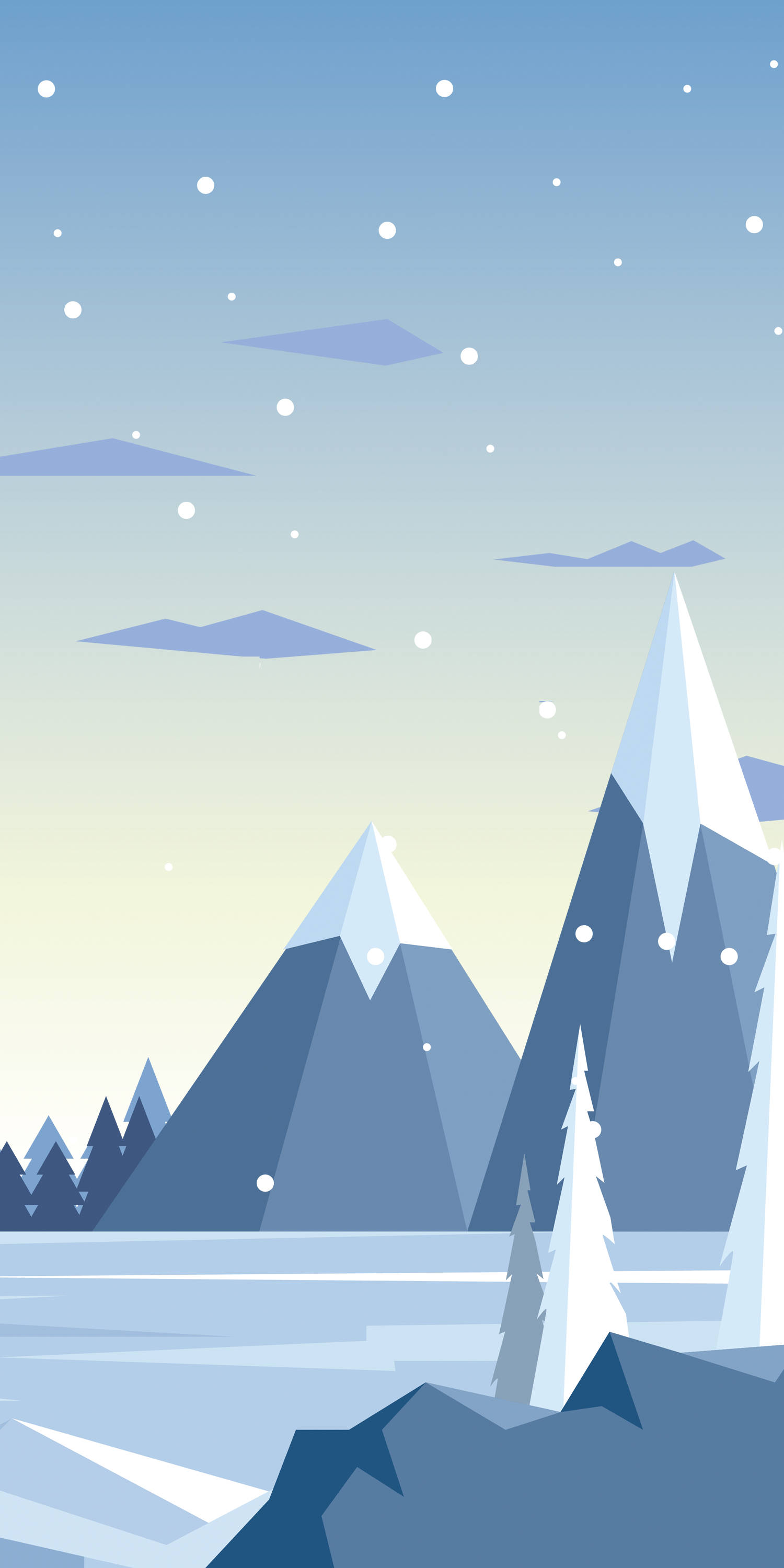 Alps 桌布 壁紙 — 幾何形狀的山峰，雪花飄落在冰凍的湖面上，天空柔和湛藍。