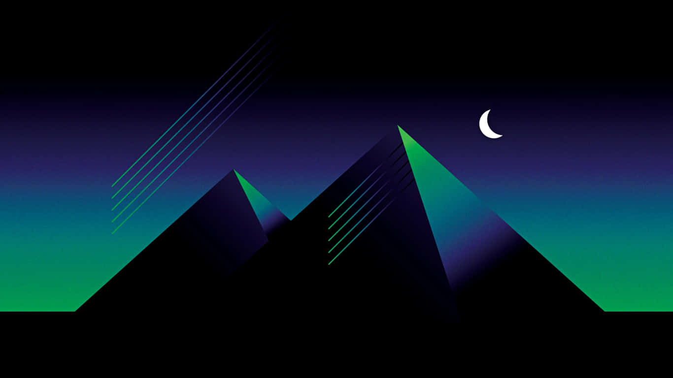 桌布 壁紙 — 幾何形狀的山峰在深紫色夜空下，新月旁散發著霓虹綠光。