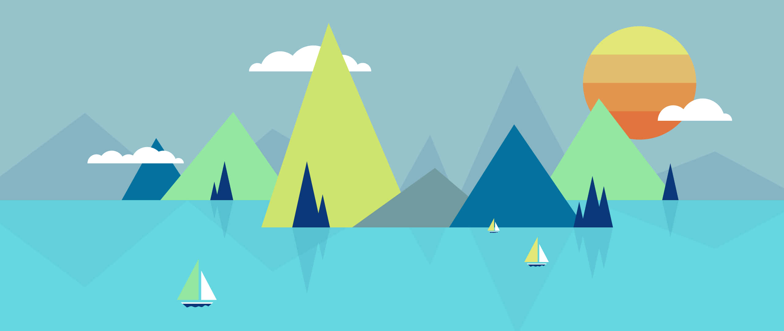 2560x1080 Minimal 桌布 壁紙 — 幾何形狀的山脈和帆船在溫暖的日落天空下，倒映在平靜的藍綠色水面上。