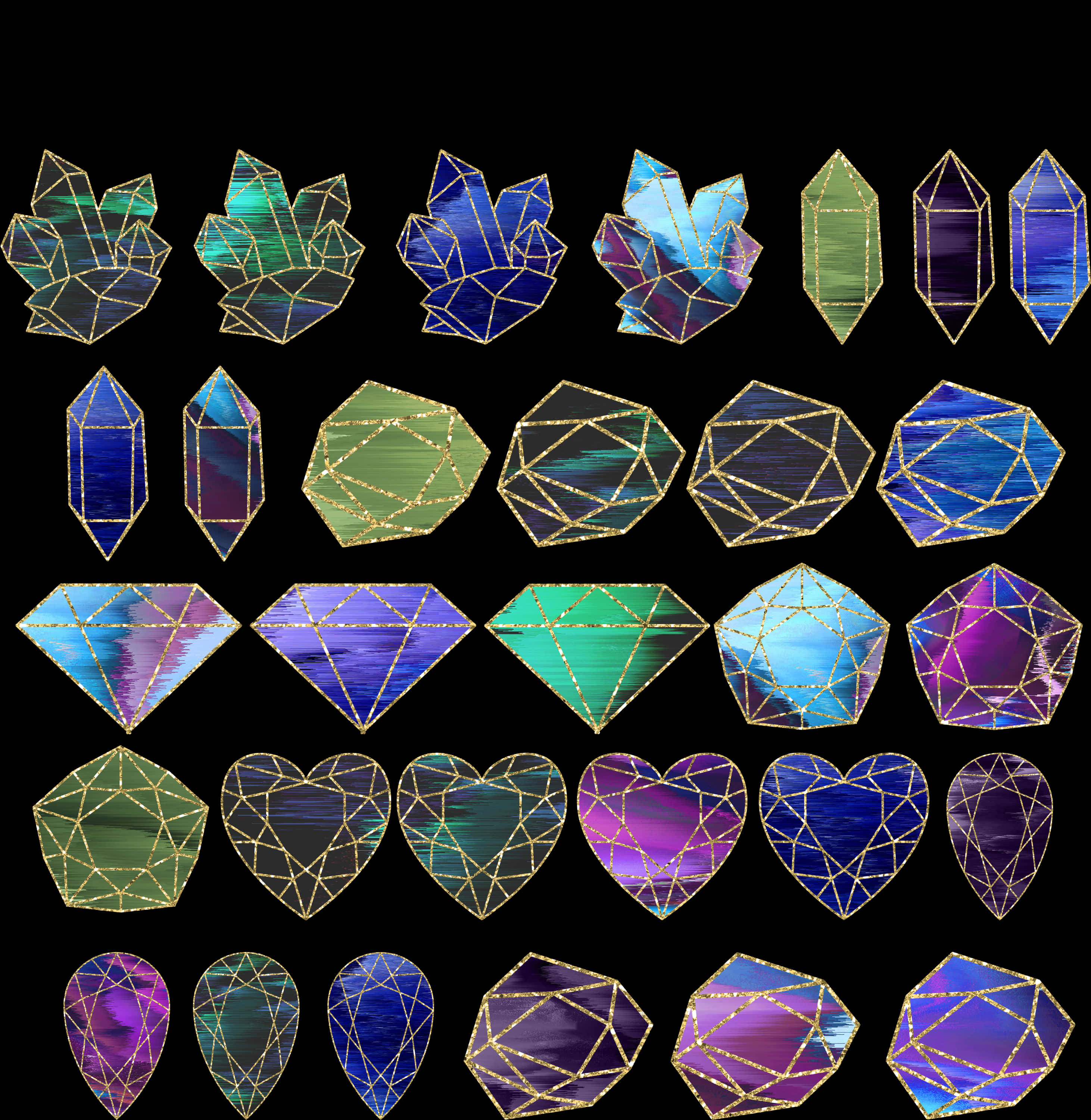 Gemstones 桌布 壁紙 — 幾何形狀的彩虹寶石以金色線條勾勒，在黑色背景上閃耀。