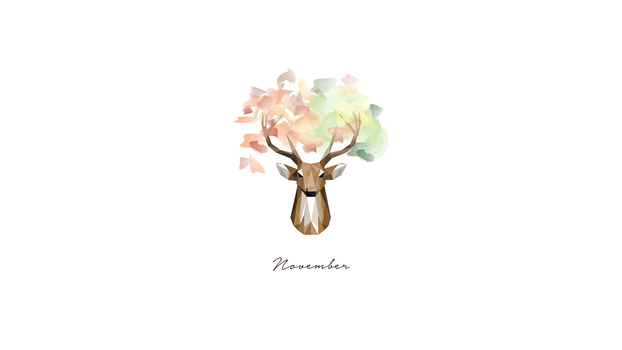 November Desktop 桌布 壁紙 — 幾何形狀的鹿頭，鹿角上長出水彩秋葉，背景為白色。