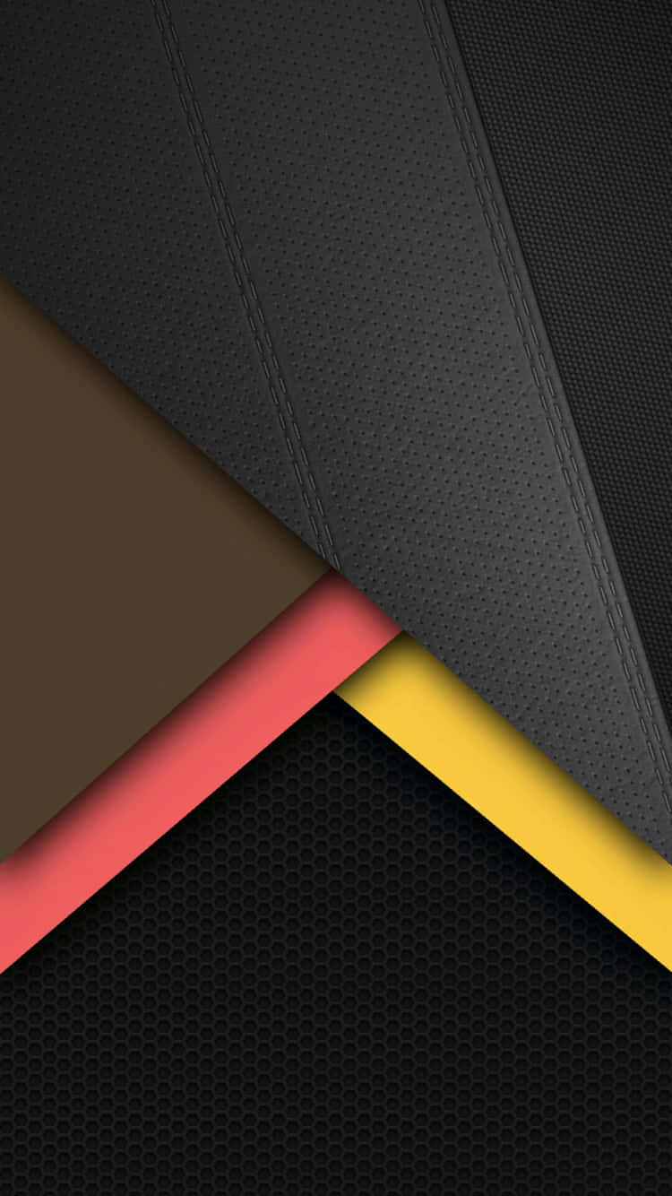 Android Material 桌布 壁紙 — 幾何抽象壁紙，帶有紋理黑色面板和鮮明的紅、黃、棕色條紋。