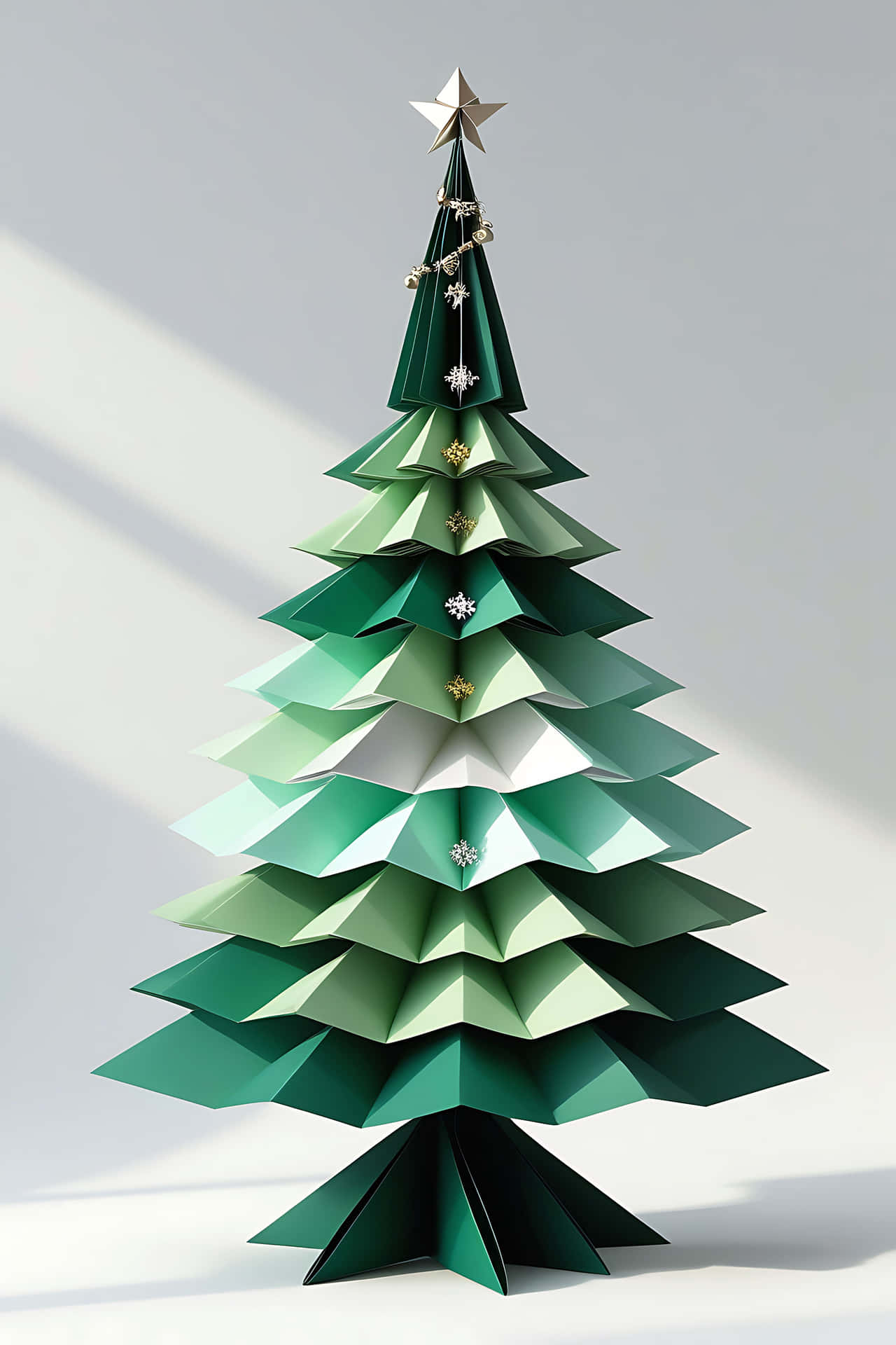 Origami christmas tree with star topper 壁紙 — 幾何摺紙聖誕樹，帶有漸層綠色層次和銀色星星裝飾，矗立在簡約灰色背景上。