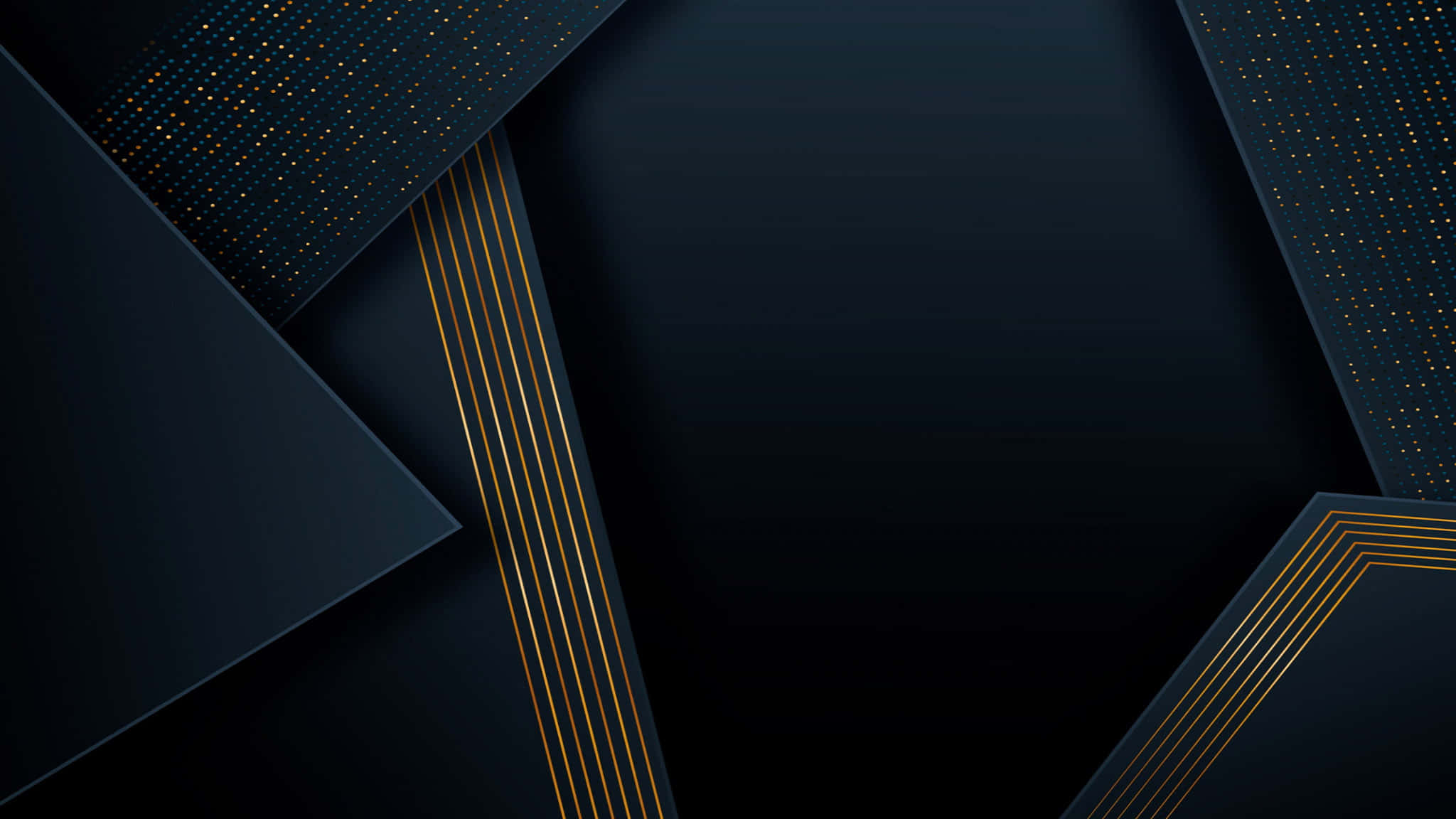 2048x1152 桌布 壁紙 — 幾何深藍色面板搭配金色線條和圓點圖案，營造出奢華的抽象構圖。