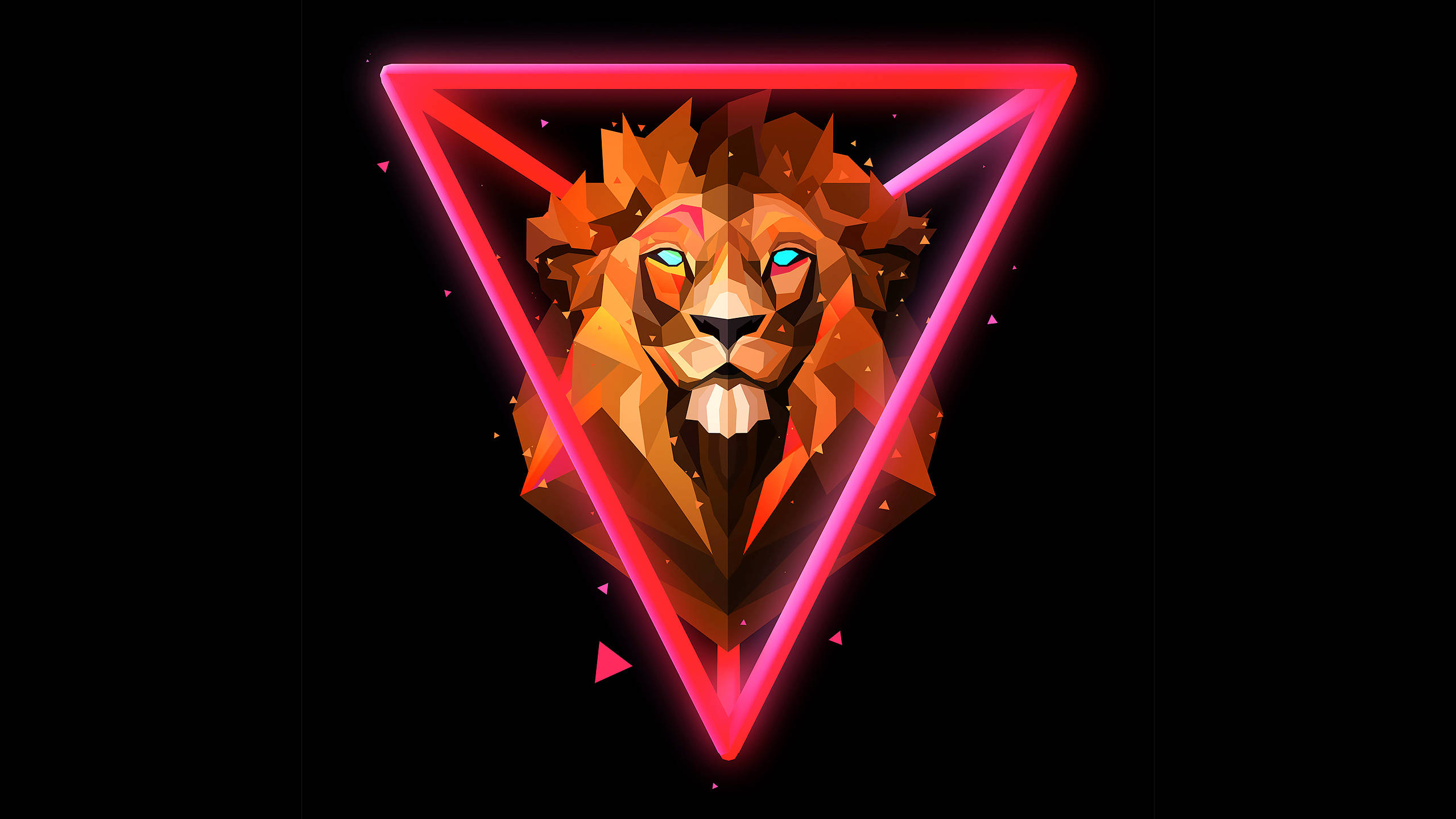 Polygon 桌布 壁紙 — 幾何獅子頭，帶有發光螢光粉紅三角形框架，背景為黑色。