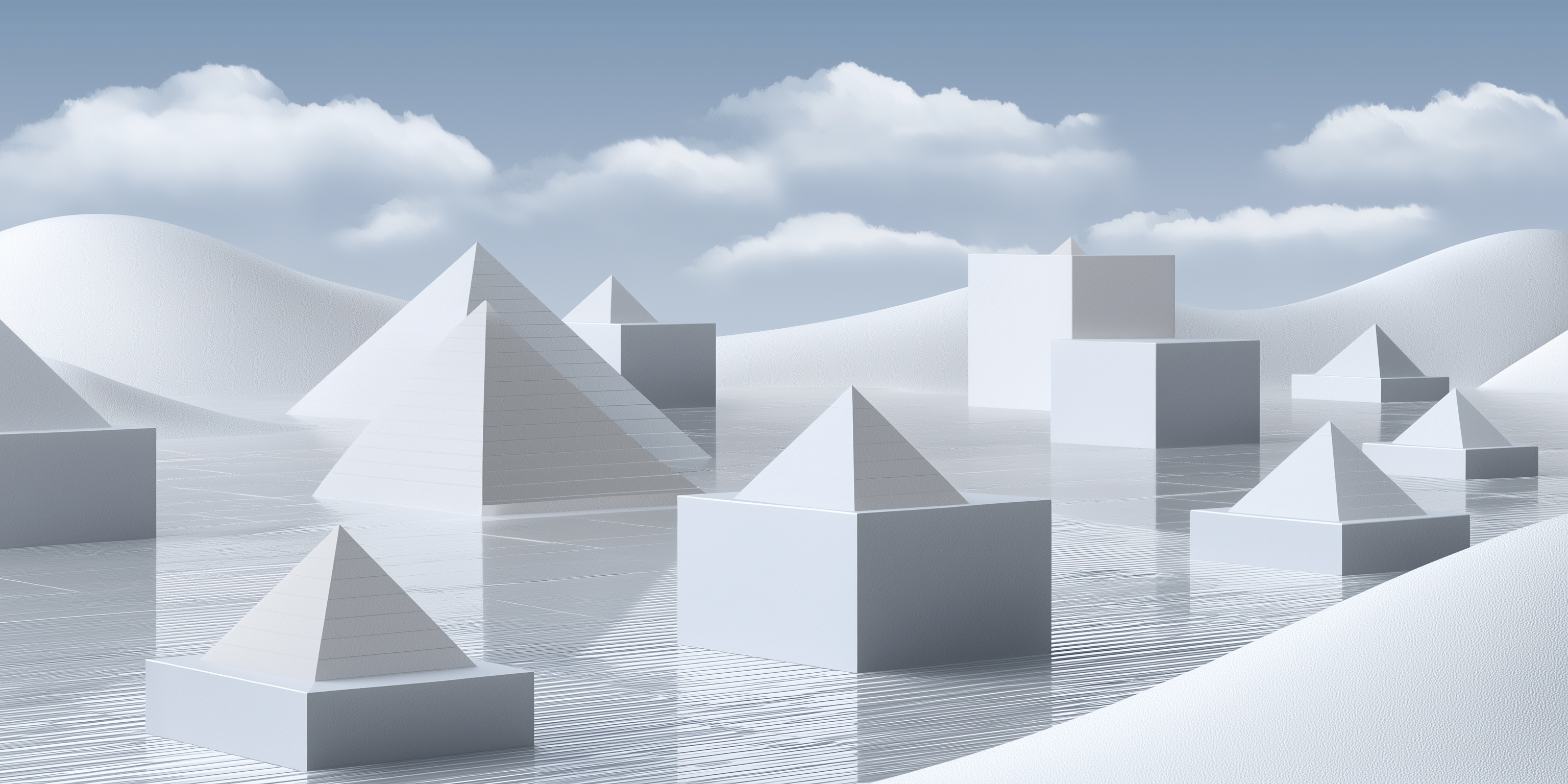 3D 桌布 壁紙 — 幾何白色金字塔和立方體漂浮在反射表面上，天空多雲。