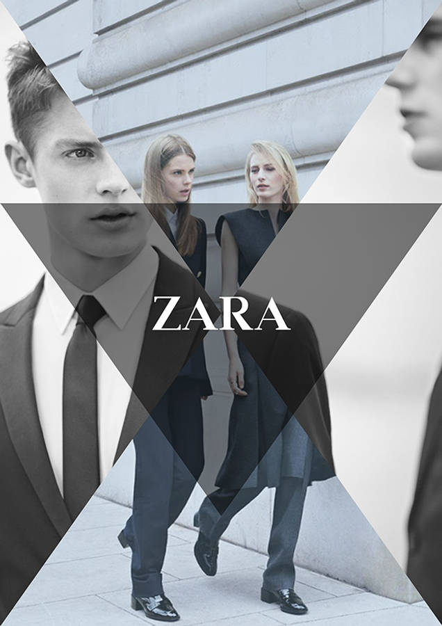 Zara 桌布 壁紙 — 幾何碎片化的黑白肖像，Zara時尚模特兒在石牆建築前行走。