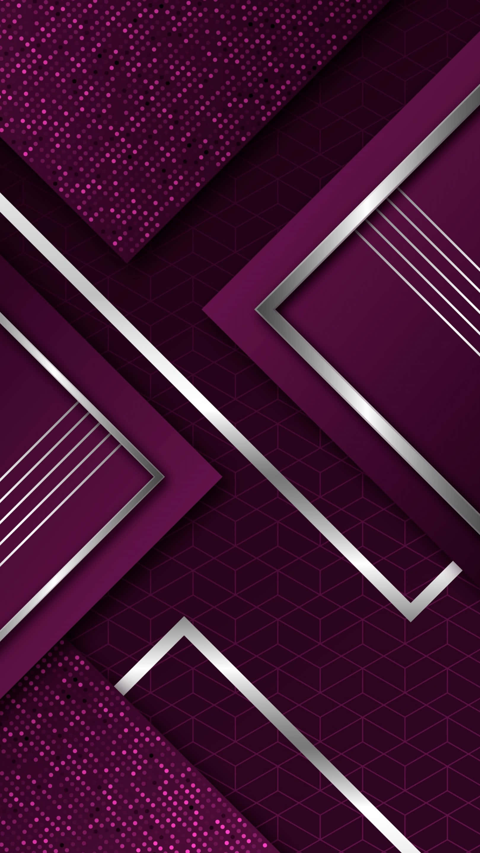 Android Material 桌布 壁紙 — 幾何紫色和銀色抽象壁紙，帶有層疊六邊形和點狀圖案。